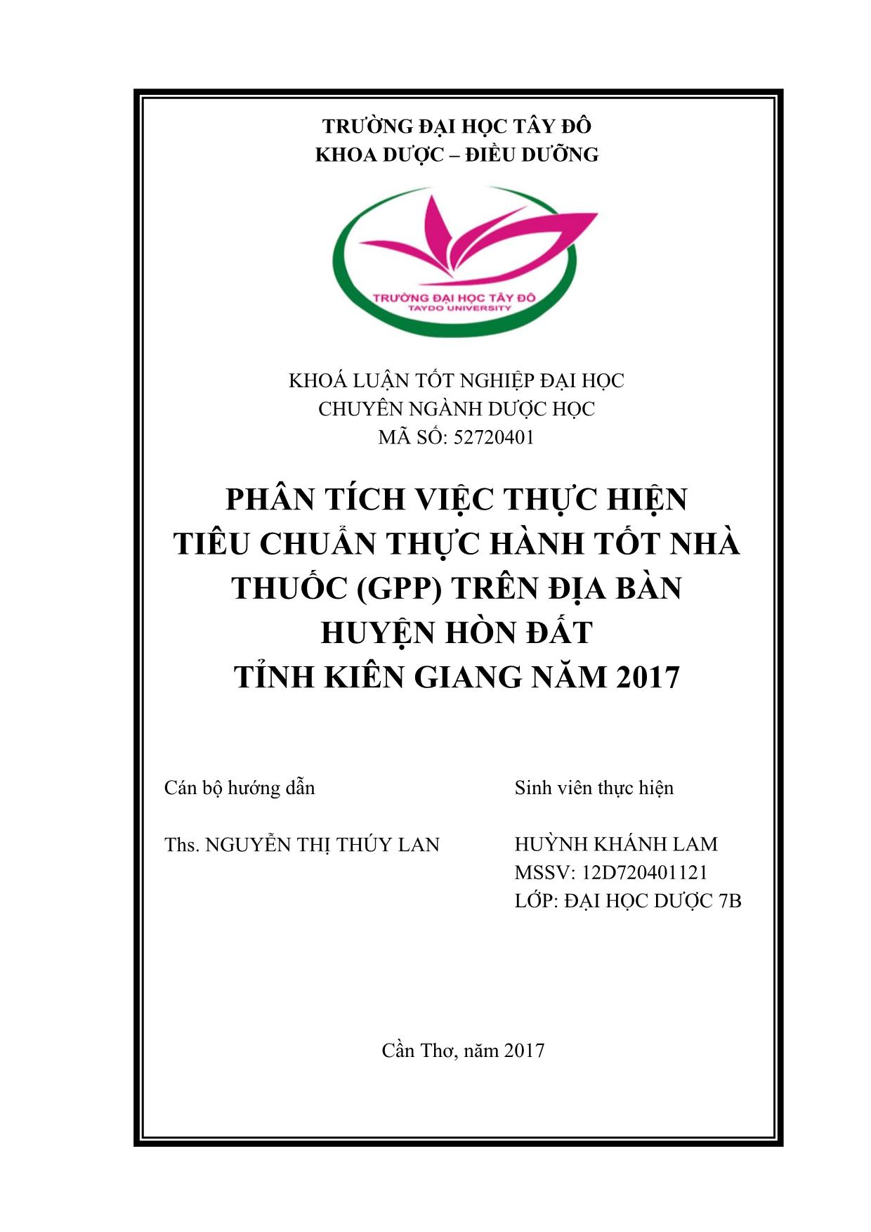 Phân tích việc thực hiện tiêu chuẩn thực hành tốt nhà thuốc (gpp) trên địa bàn huyện Hòn Đất tỉnh Kiên giang năm 2017 trang 1