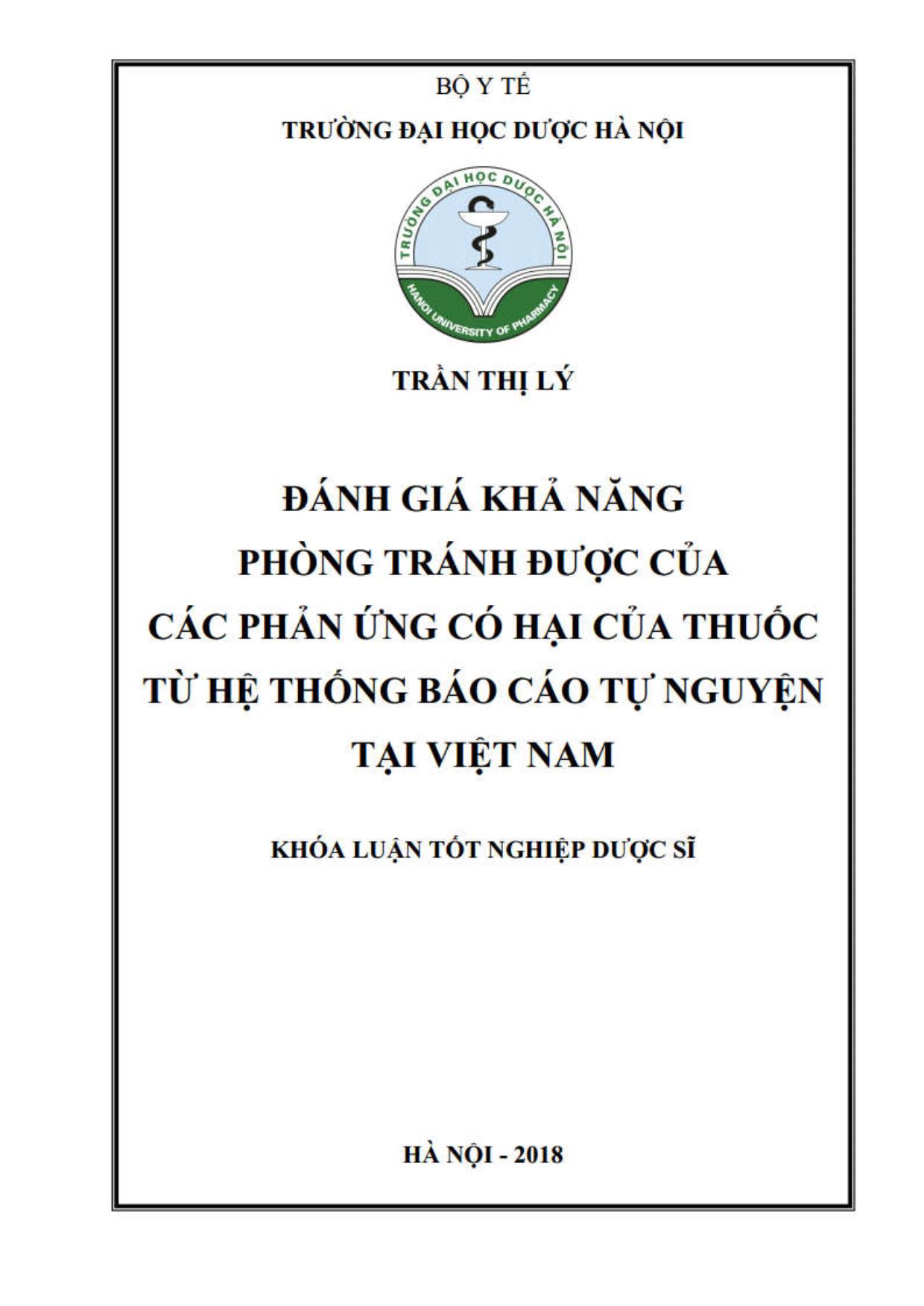 Khóa luận Đánh giá khả nàng phòng tránh được của các phản úng có hại của thuốc từ hệ thống Báo cáo tự nguyện tại Việt Nam trang 1