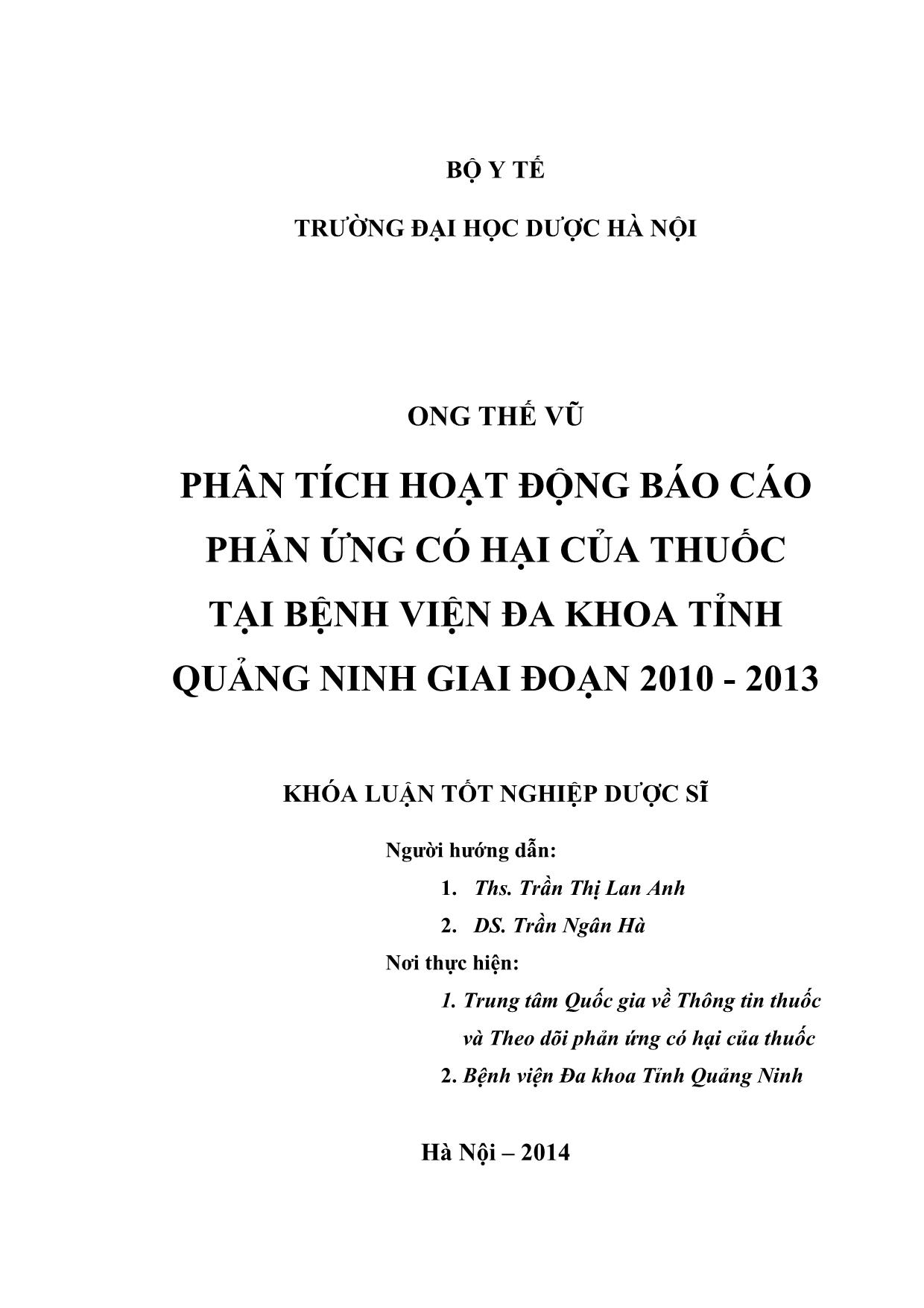 Phân tích hoạt động Báo cáo phản ứng có hại của thuốc tại bệnh viện đa khoa tỉnh Quảng Ninh giai đoạn 2010 - 2013 trang 2