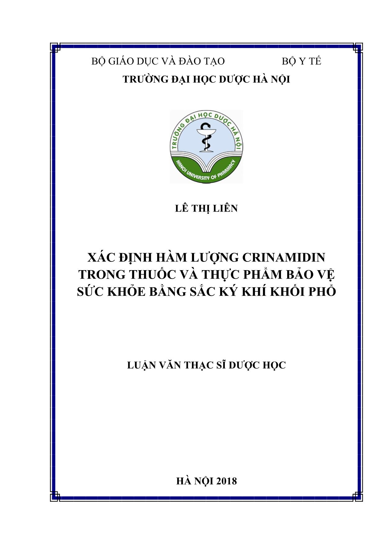Luận văn Xác định hàm lượng crinamidin trong thuốc và thực phẩm bảo vệ sức khỏe bằng sắc ký khí khối phổ trang 1