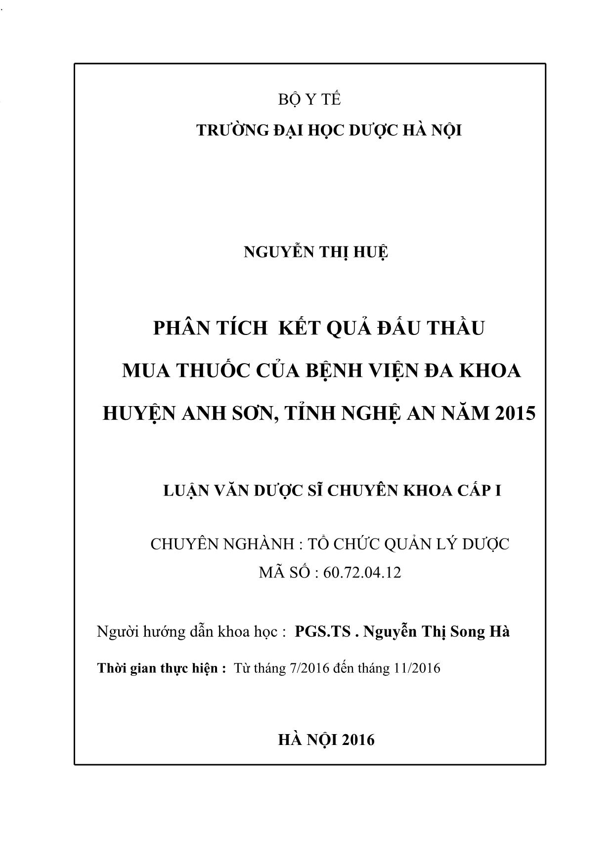 Luận văn Phân tích kết quả đấu thầu mua thuốc của bệnh viện đa khoa huyện Anh sơn, tỉnh Nghệ an năm 2015 trang 2