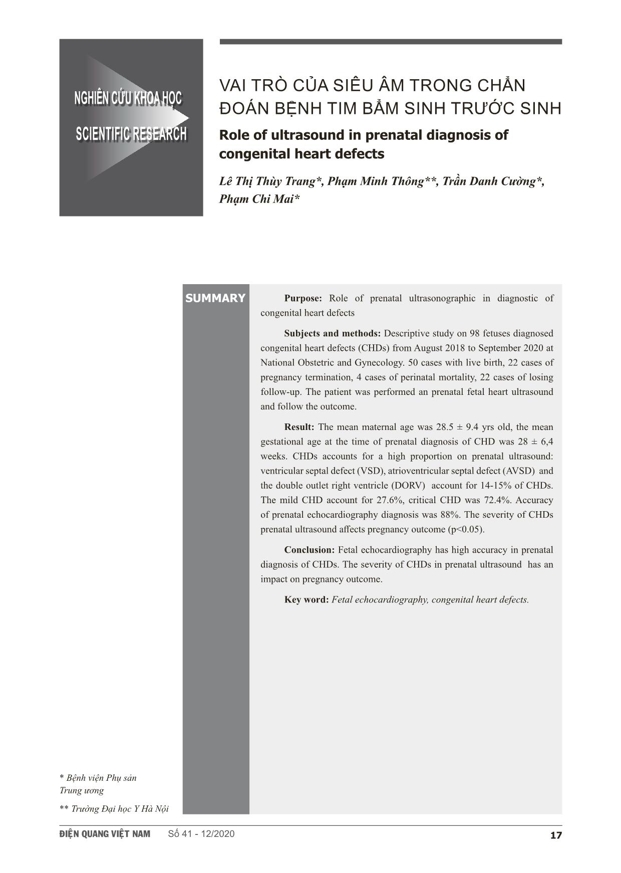 Vai trò của siêu âm trong chẩn đoán bệnh tim bẩm sinh trước sinh trang 1