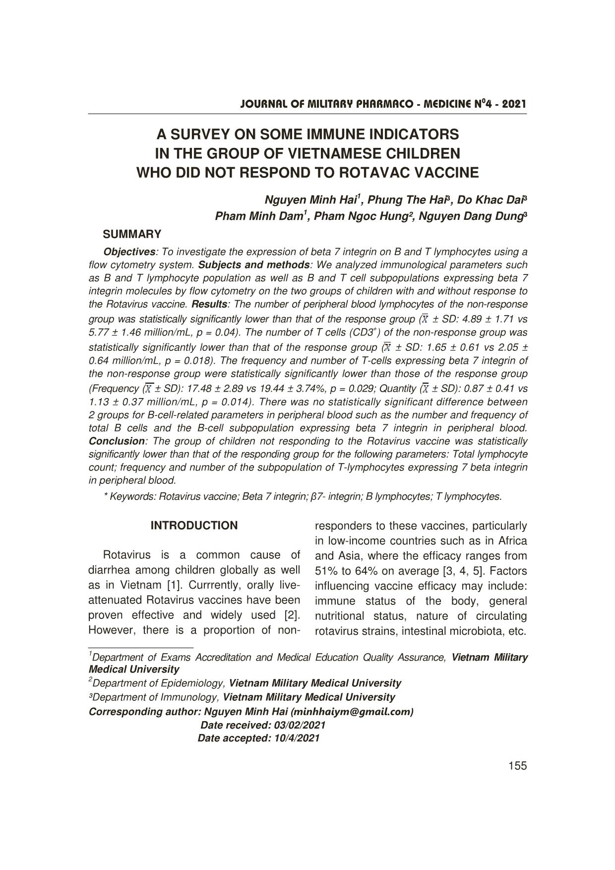 A survey on some immune indicators in the group of vietnamese children who did not respond to rotavac vaccine trang 1