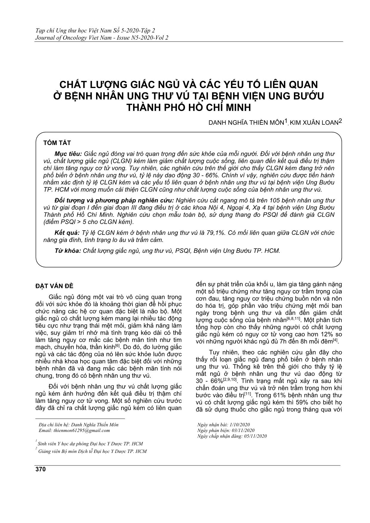 Chất lượng giấc ngủ và các yếu tố liên quan ở bệnh nhân ung thư vú tại bệnh viện ung bướu thành phố Hồ Chí Minh trang 1