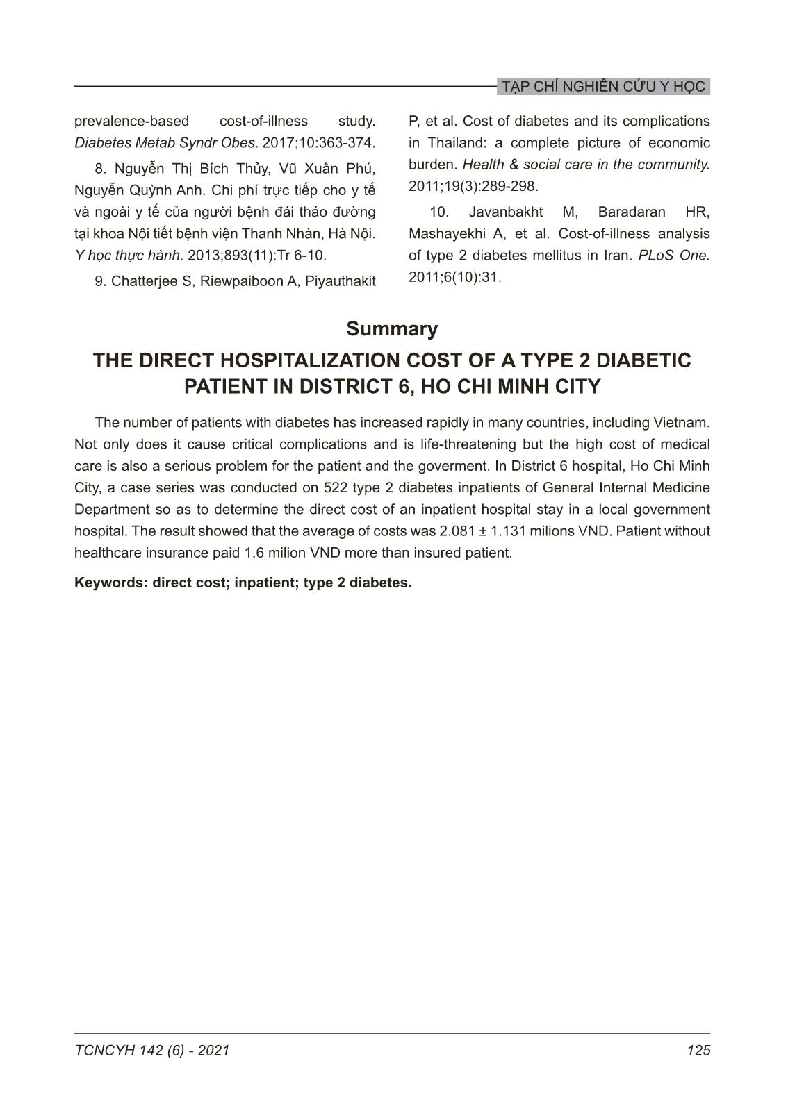 Chi phí điều trị nội trú của người bệnh đái tháo đường típ 2 tại bệnh viện quận 6 TP. HCM trang 7