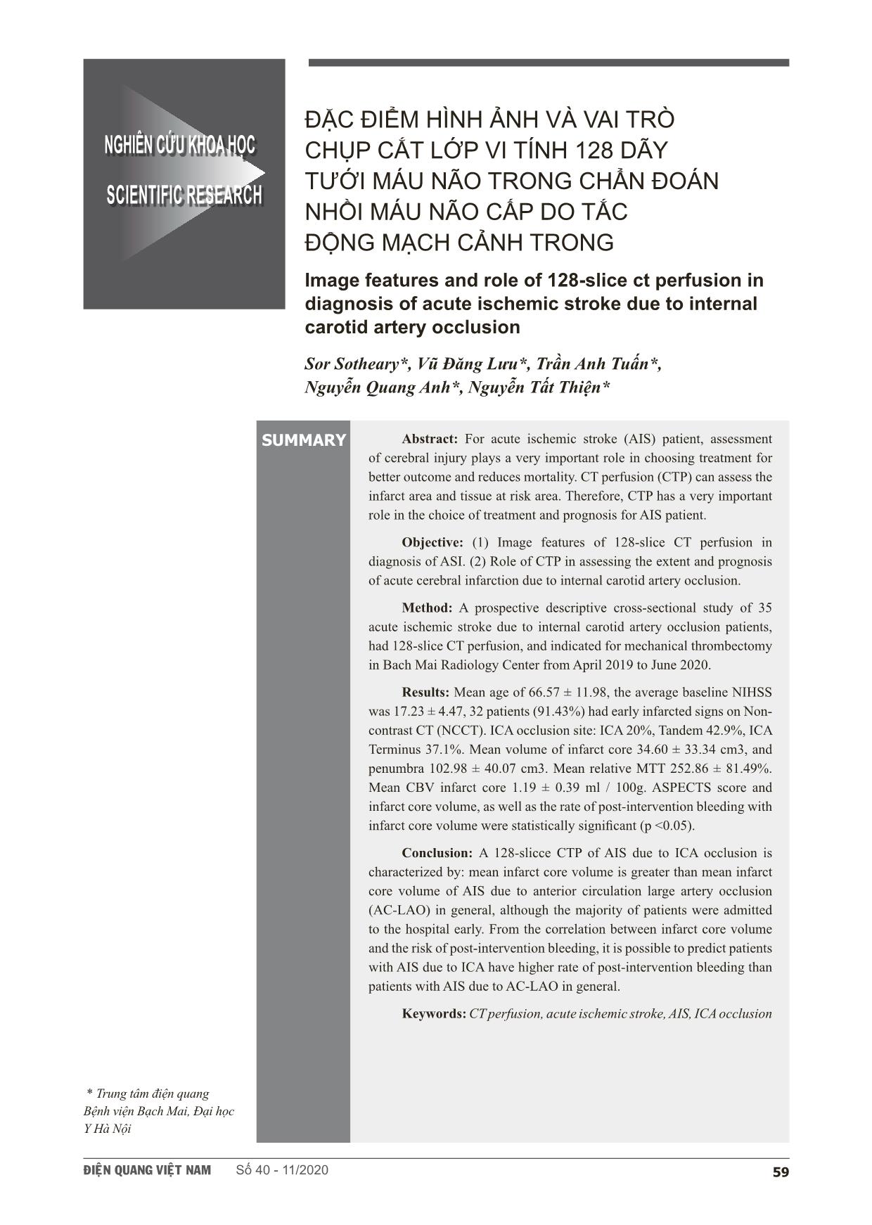 Đặc điểm hình ảnh và vai trò chụp cắt lớp vi tính 128 dãy tưới máu não trong chẩn đoán nhồi máu não cấp do tắc động mạch cảnh trong trang 1