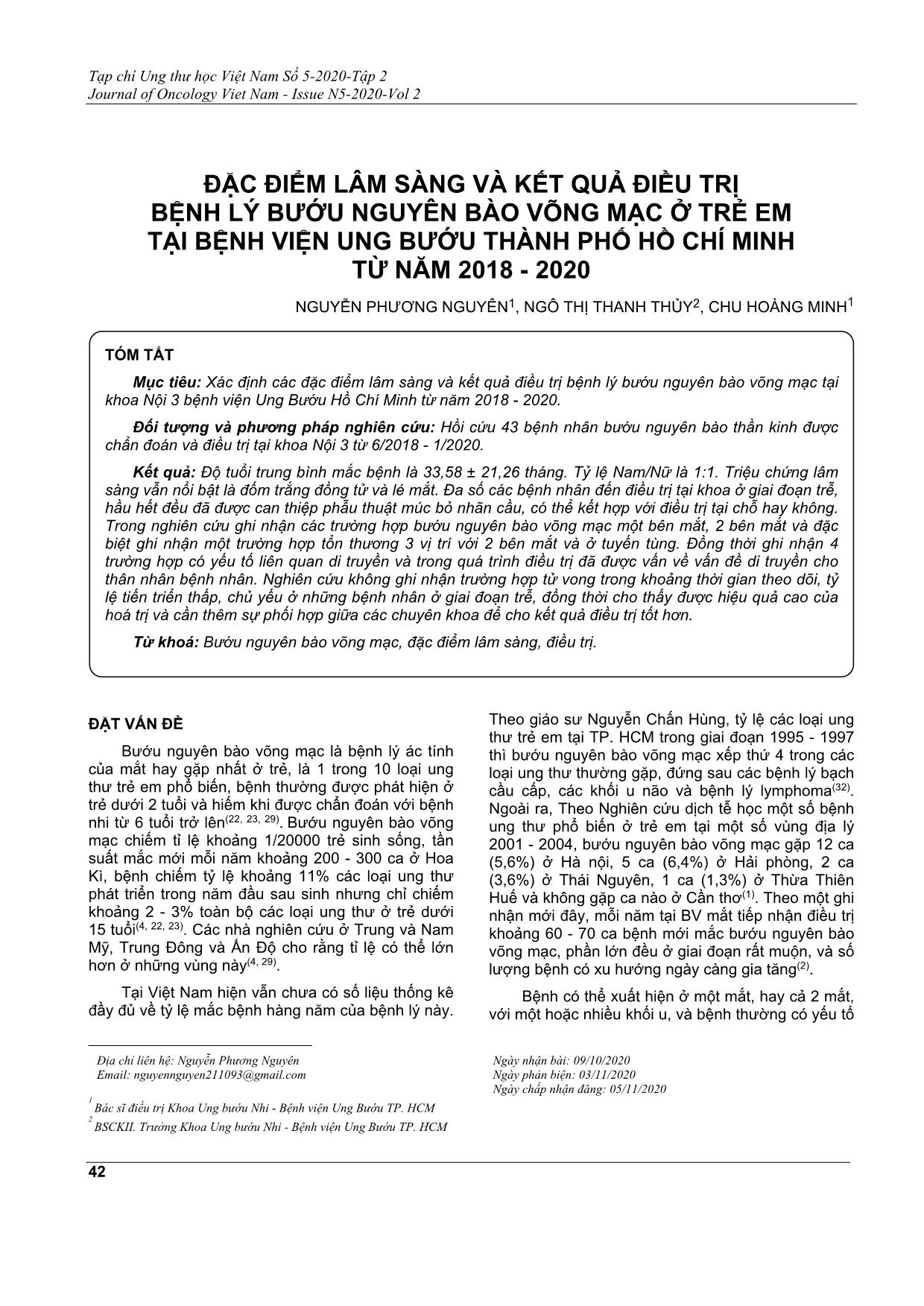 Đặc điểm lâm sàng và kết quả điều trị bệnh lý bướu nguyên bào võng mạc ở trẻ em tại bệnh viện ung bướu thành phố Hồ Chí Minh từ năm 2018 - 2020 trang 1