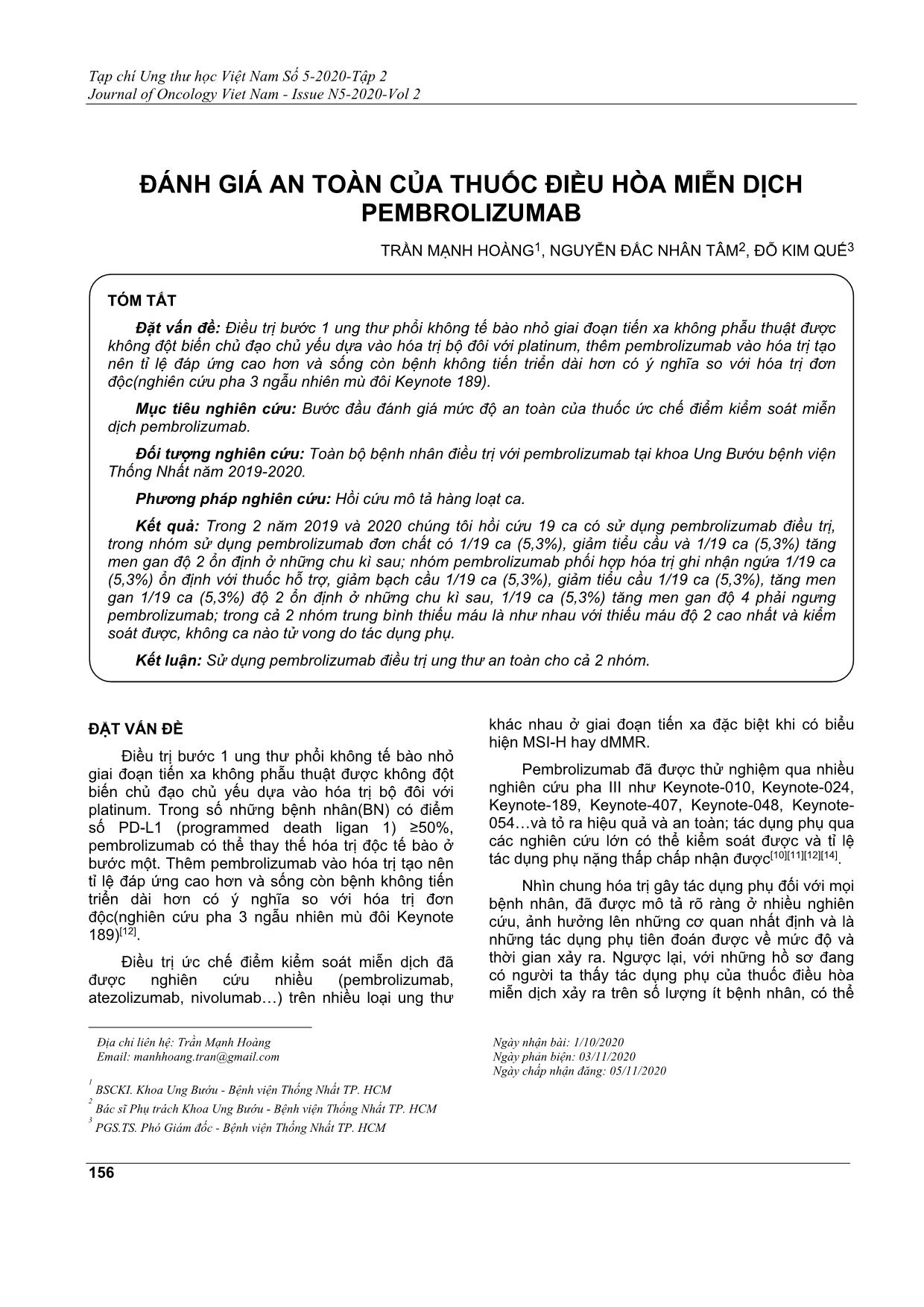 Đánh giá an toàn của thuốc điều hòa miễn dịch pembrolizumab trang 1