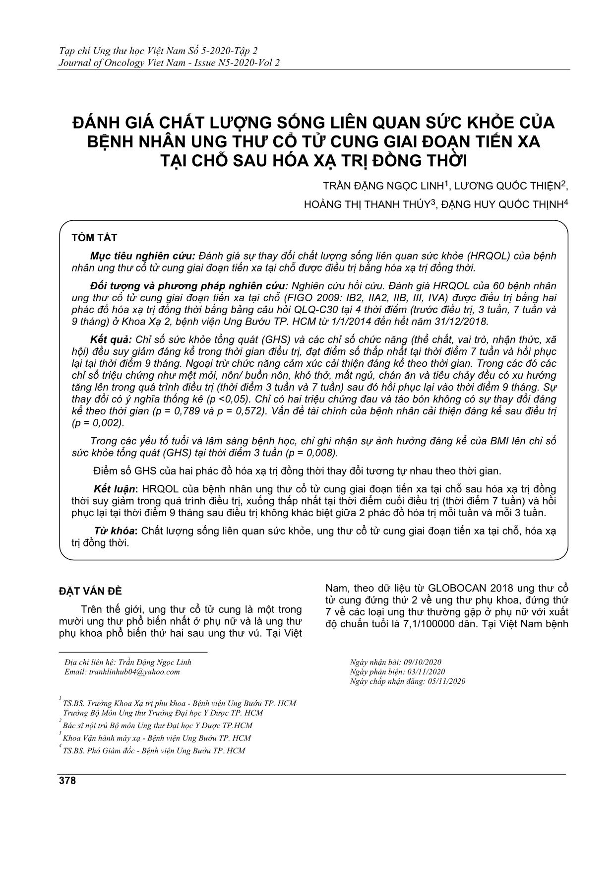 Đánh giá chất lượng sống liên quan sức khỏe của bệnh nhân ung thư cổ tử cung giai đoạn tiến xa tại chỗ sau hóa xạ trị đồng thời trang 1