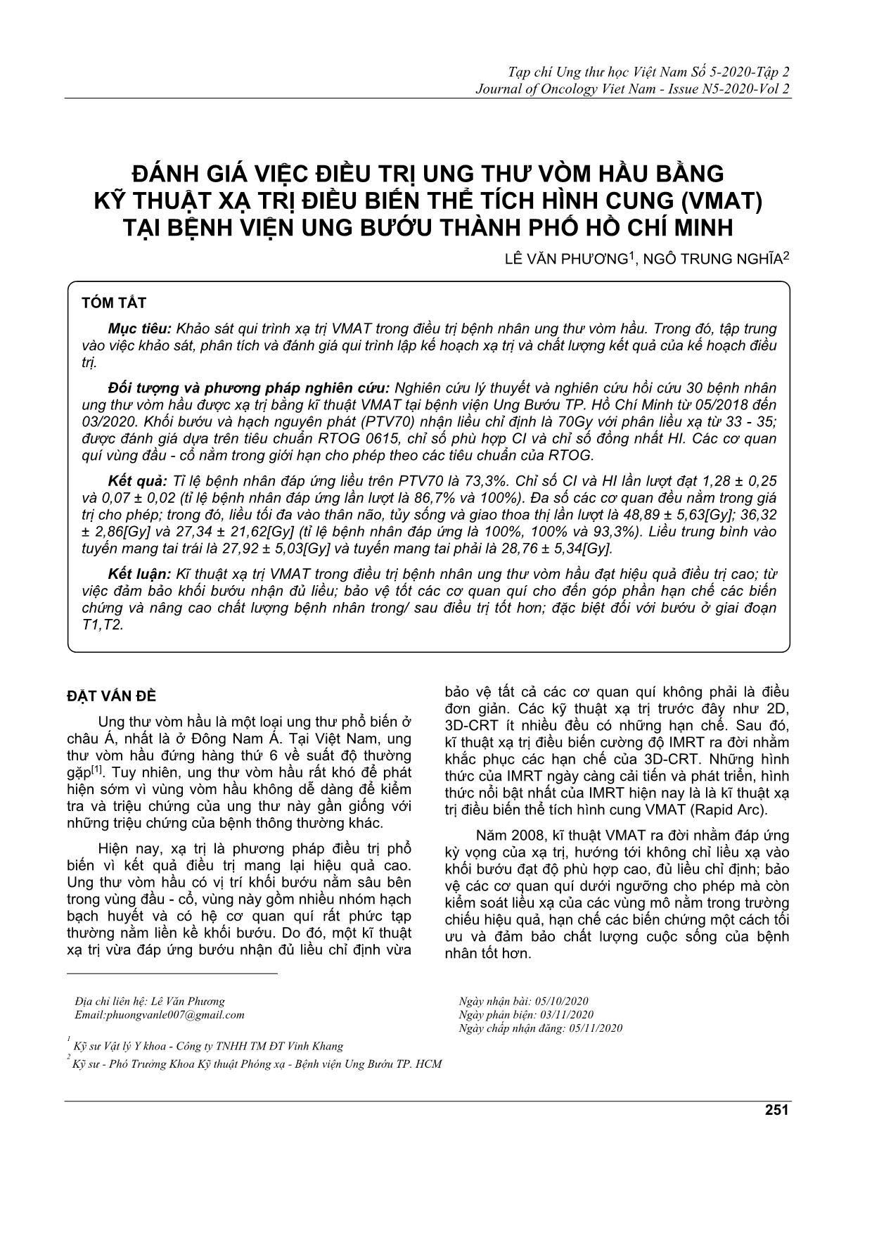 Đánh giá việc điều trị ung thư vòm hầu bằng kỹ thuật xạ trị điều biến thể tích hình cung (vmat) tại bệnh viện ung bướu thành phố Hồ Chí Minh trang 1