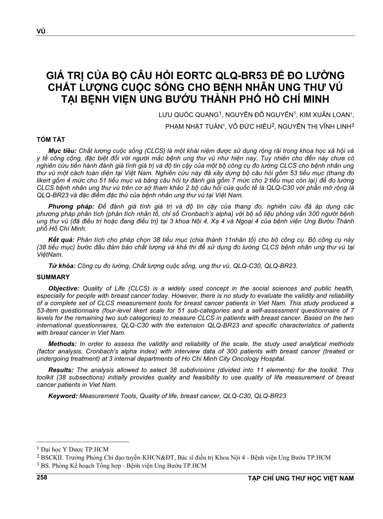 Giá trị của bộ câu hỏi eortc qlq - Br53 để đo lường chất lượng cuộc sống cho bệnh nhân ung thư vú tại bệnh viện ung bướu thành phố Hồ Chí Minh trang 1