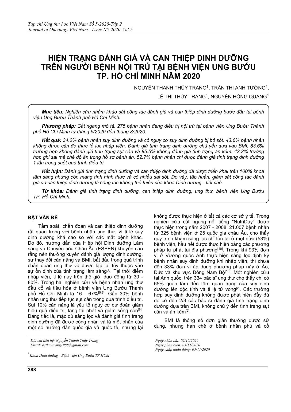 Hiện trạng đánh giá và can thiệp dinh dưỡng trên người bệnh nội trú tại bệnh viện ung bướu TP. Hồ Chí Minh năm 2020 trang 1