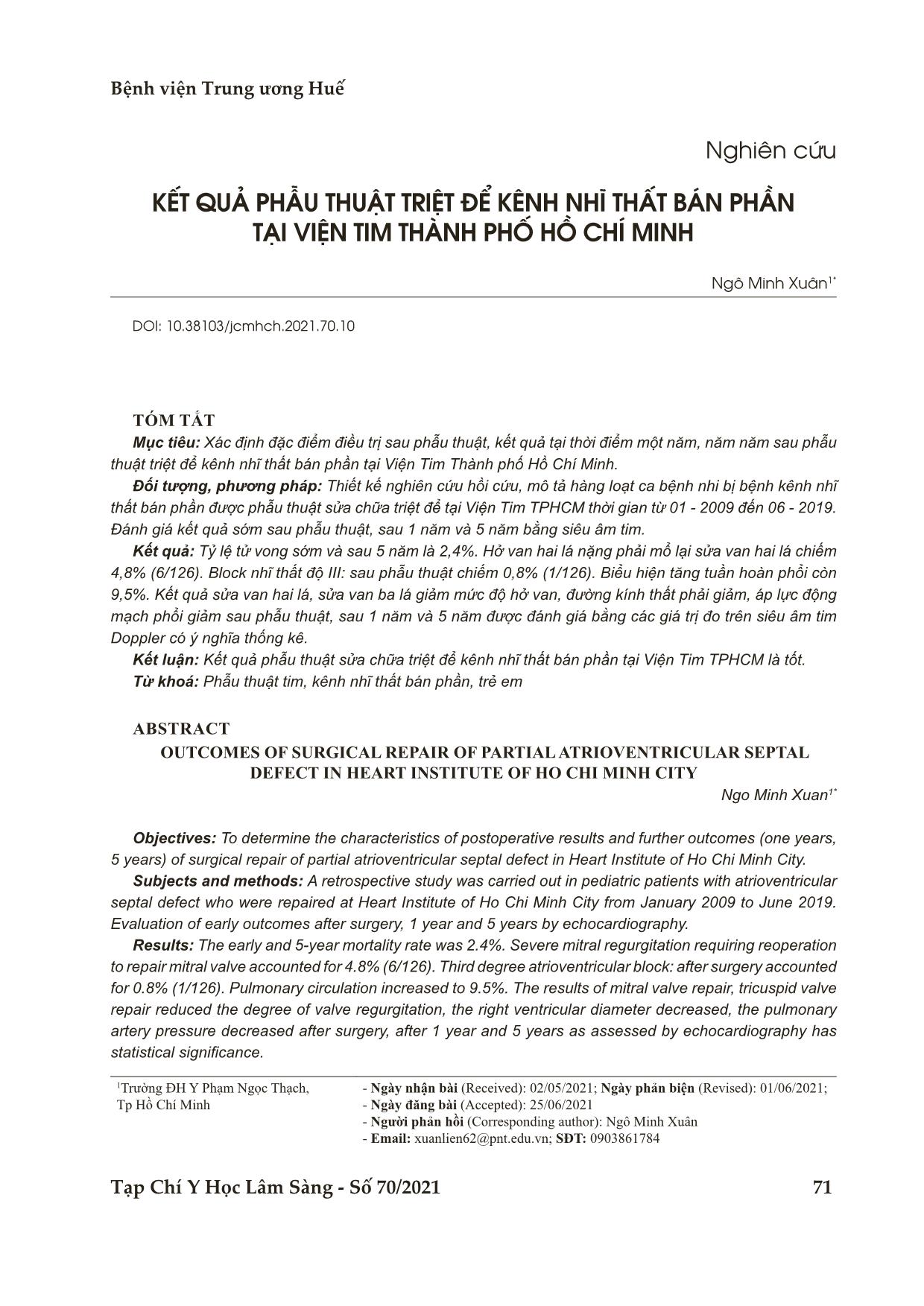 Kết quả phẫu thuật triệt để kênh nhĩ thất bán phần tại viện tim thành phố Hồ Chí Minh trang 1