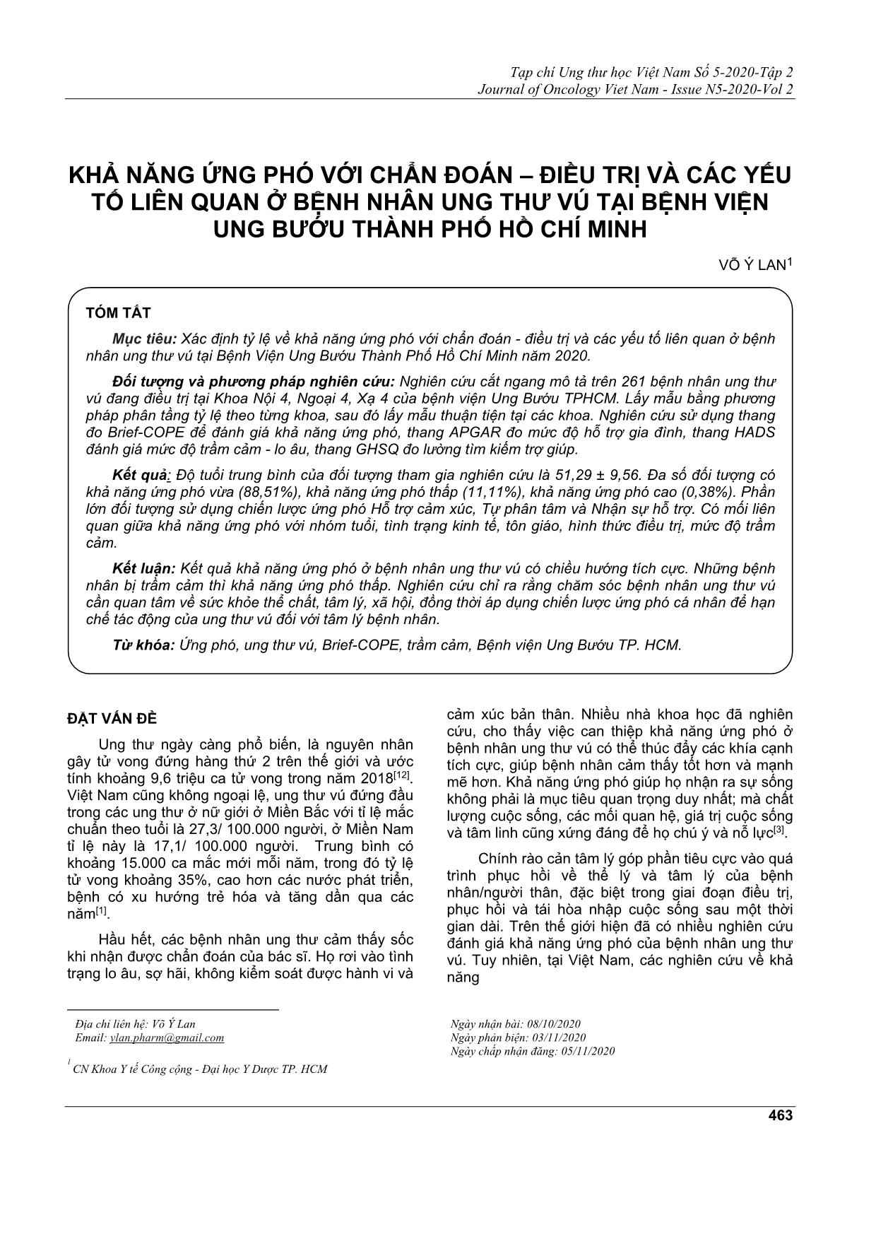 Khả năng ứng phó với chẩn đoán – điều trị và các yếu tố liên quan ở bệnh nhân ung thư vú tại bệnh viện ung bướu thành phố Hồ Chí Minh trang 1