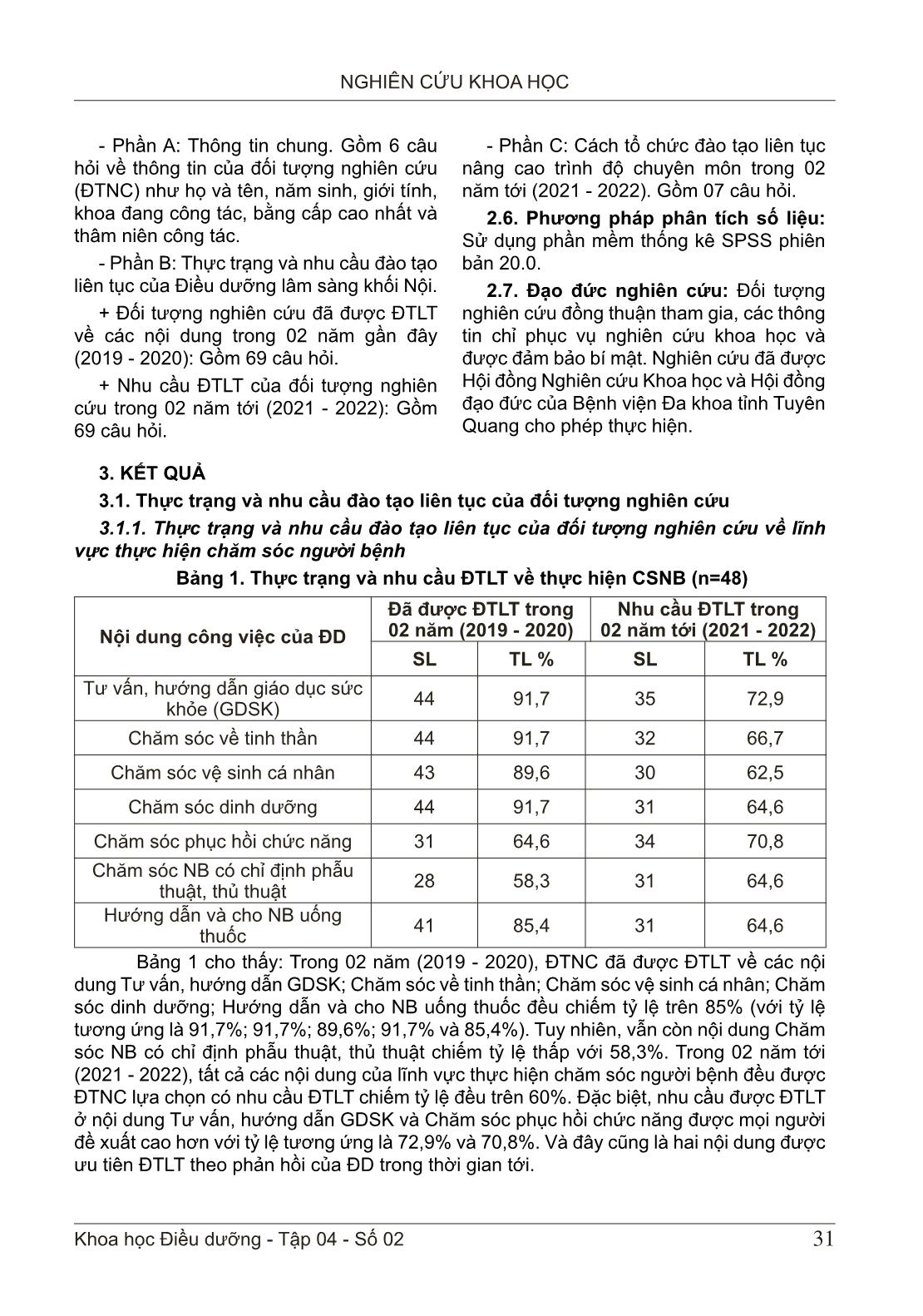 Khảo sát thực trạng và nhu cầu đào tạo liên tục của điều dưỡng lâm sàng khối nội tại bệnh viện đa khoa tỉnh Tuyên Quang giai đoạn 2021 - 2022 trang 4