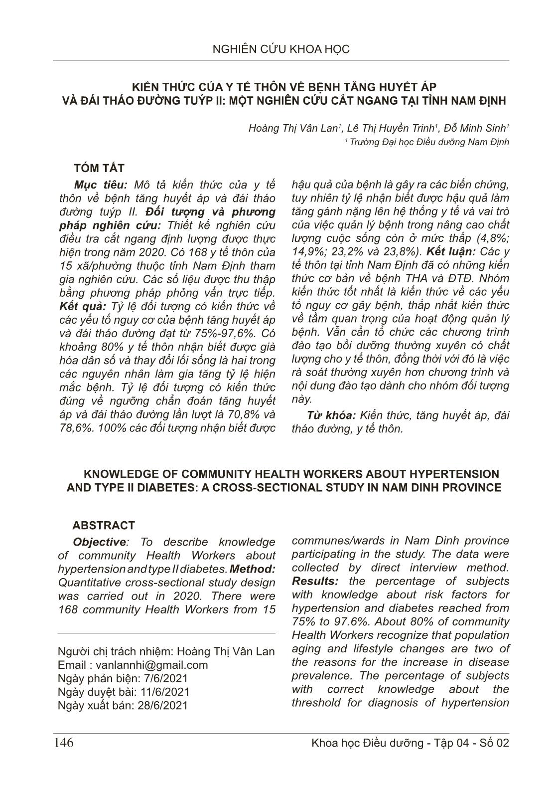 Kiến thức của y tế thôn về bệnh tăng huyết áp và đái tháo đường tuýp II: Một nghiên cứu cắt ngang tại tỉnh Nam Định trang 1