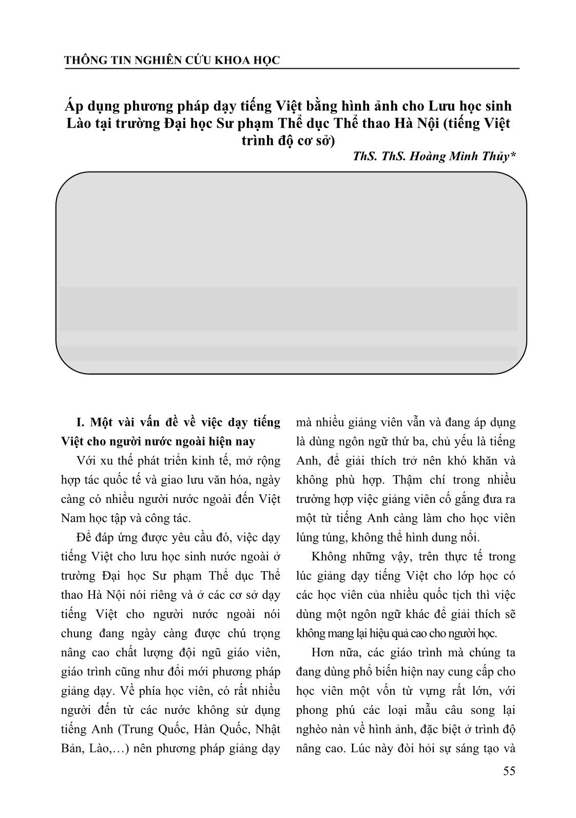 Áp dụng phương pháp dạy tiếng Việt bằng hình ảnh cho Lưu học sinh Lào tại trường Đại học Sư phạm Thể dục Thể thao Hà Nội (tiếng Việt trình độ cơ sở) trang 1