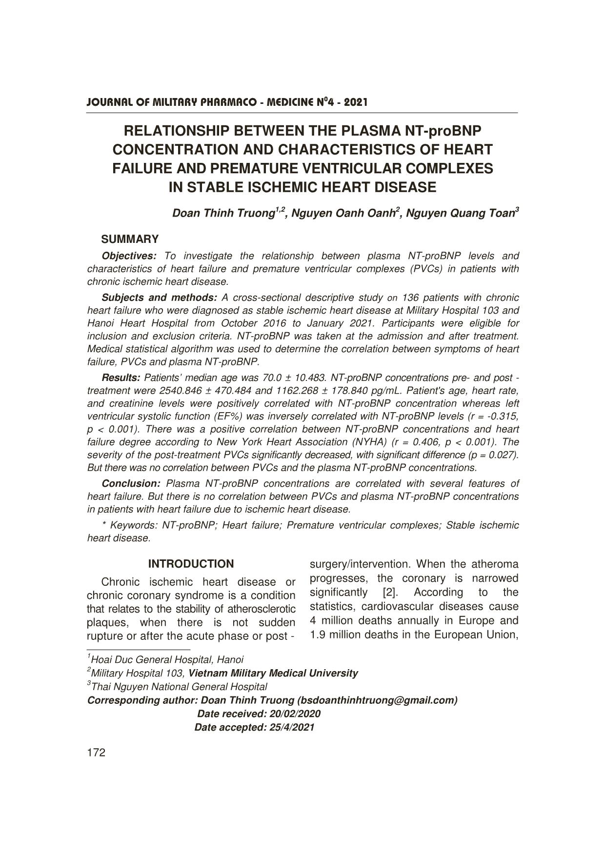 Relationship between the plasma nt-Probnp concentration and characteristics of heart failure and premature ventricular complexes in stable ischemic heart disease trang 1