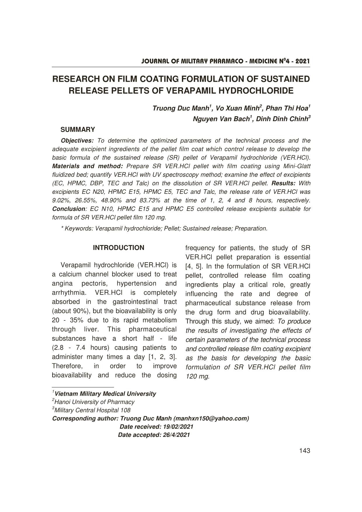 Research on film coating formulation of sustained release pellets of verapamil hydrochloride trang 1