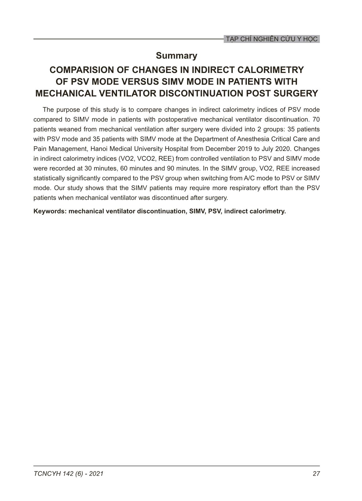 So sánh ảnh hưởng trên năng lượng gián tiếp của phương thức psv so với phương thức SIMV ở bệnh nhân bỏ thở máy sau mổ trang 7