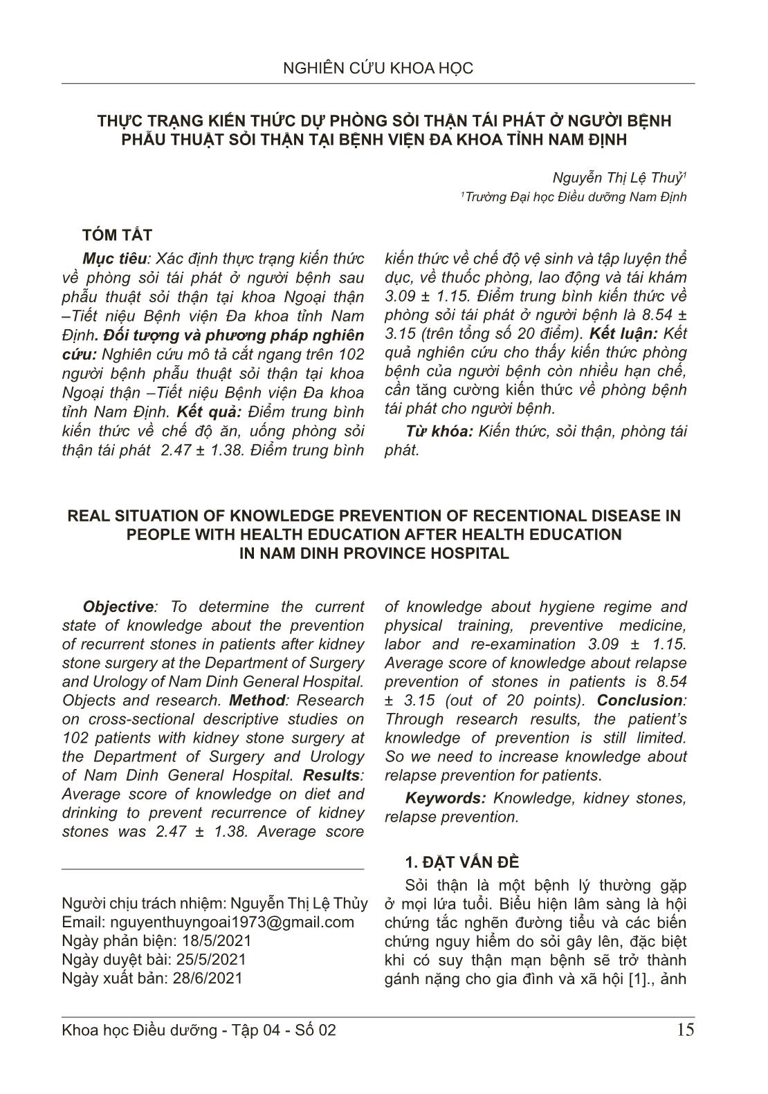 Thực trạng kiến thức dự phòng sỏi thận tái phát ở người bệnh phẫu thuật sỏi thận tại bệnh viện đa khoa tỉnh Nam Định trang 1