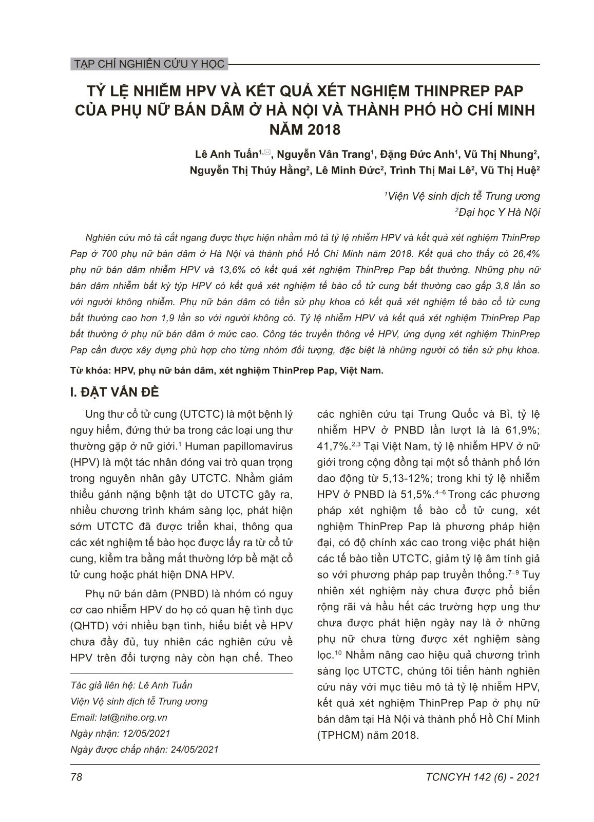 Tỷ lệ nhiễm hpv và kết quả xét nghiệm thinprep pap của phụ nữ bán dâm ở Hà nội và thành phố Hồ Chí Minh năm 2018 trang 1