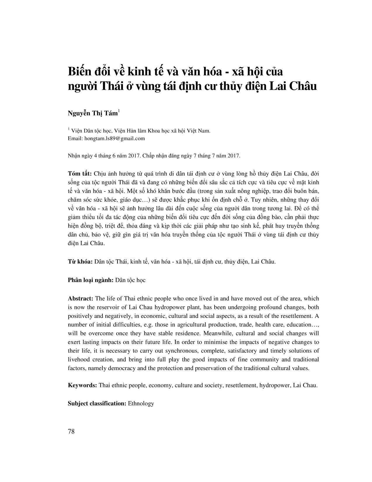 Biến đổi về kinh tế và văn hóa - Xã hội của người Thái ở vùng tái định cư thủy điện Lai Châu trang 1