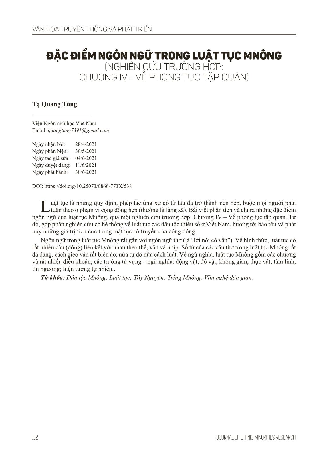 Đặc điểm ngôn ngữ trong luật tục Mnông (Nghiên cứu trường hợp: chương IV - Về phong tục tập quán) trang 9