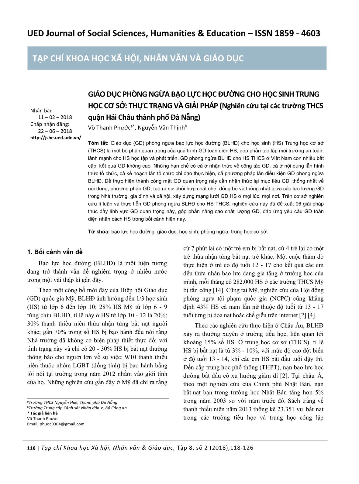 Giáo dục phòng ngừa bạo lực học đường cho học sinh trung học cơ sở: thực trạng và giải pháp (nghiên cứu tại các trường THCS quận Hải châu thành phố Đà Nẵng) trang 1