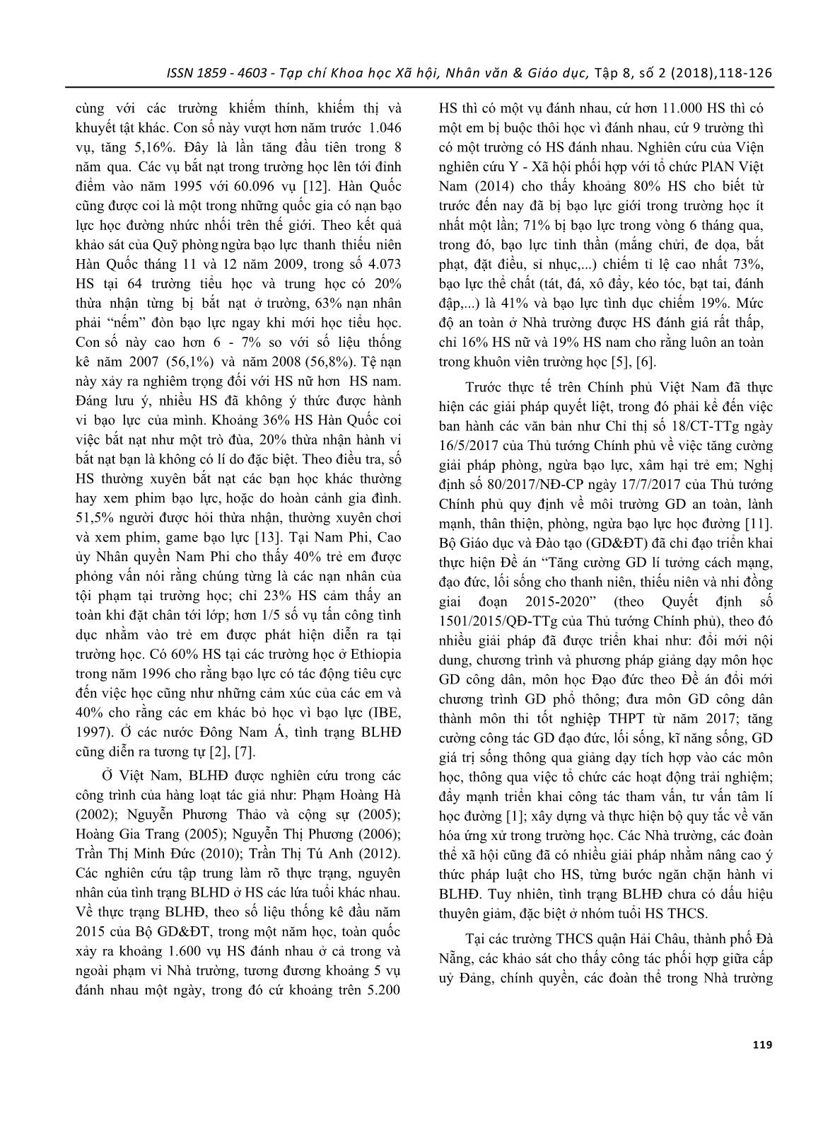 Giáo dục phòng ngừa bạo lực học đường cho học sinh trung học cơ sở: thực trạng và giải pháp (nghiên cứu tại các trường THCS quận Hải châu thành phố Đà Nẵng) trang 2