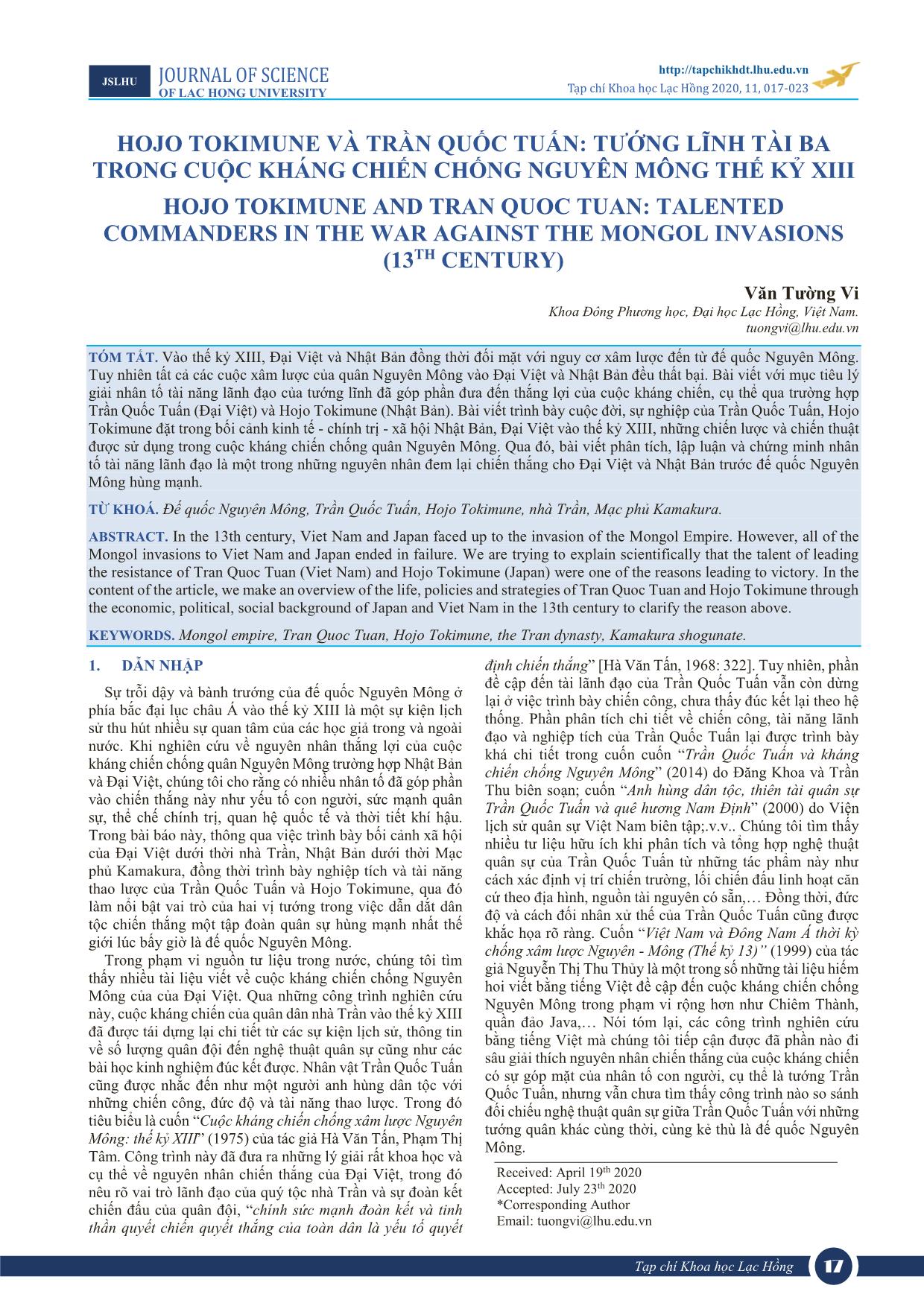 Hojo Tokimune và Trần Quốc Tuấn: tướng lĩnh tài ba trong cuộc kháng chiến chống Nguyên Mông thế kỷ XIII trang 1