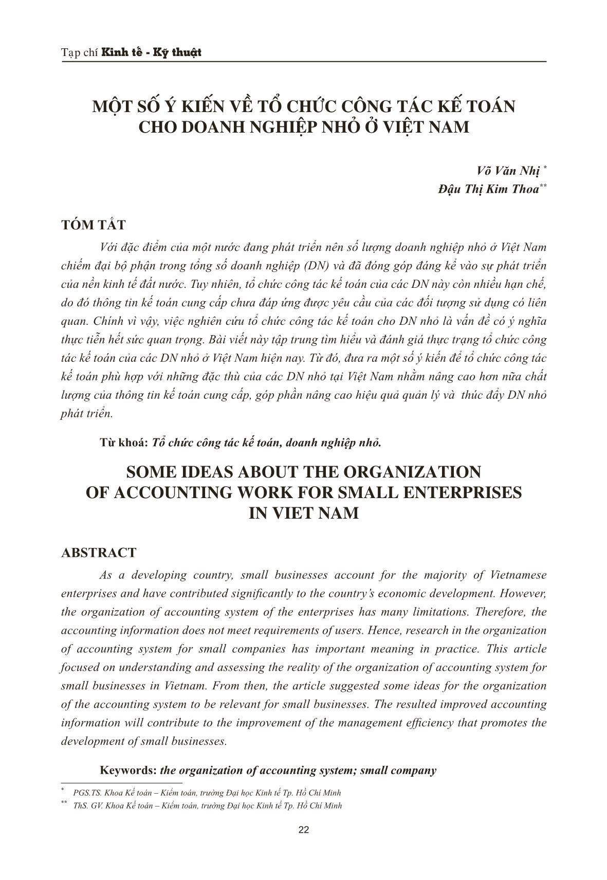 Một số ý kiến về tổ chức công tác kế toán cho doanh nghiệp nhỏ ở Việt Nam trang 1