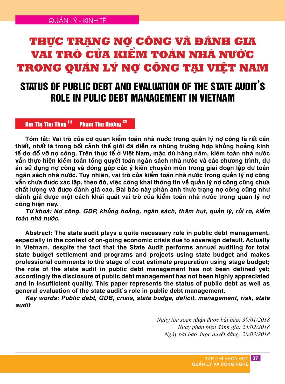 Thực trạng nợ công và đánh gia vai trò của kiểm toán nhà nước trong quản lý nợ công tại Việt Nam trang 1