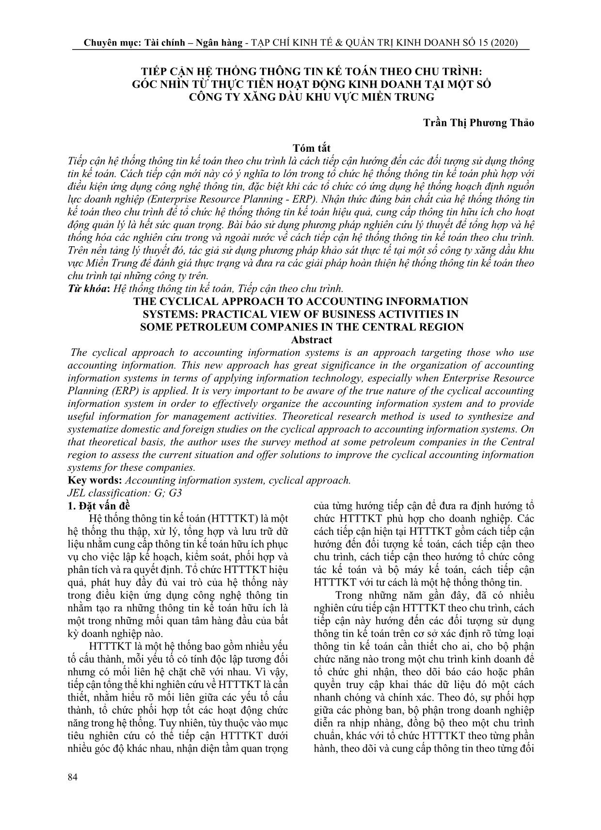 Tiếp cận hệ thống thông tin kế toán theo chu trình: Góc nhìn từ thực tiễn hoạt động kinh doanh tại một số công ty xăng dầu khu vực miền trung trang 1