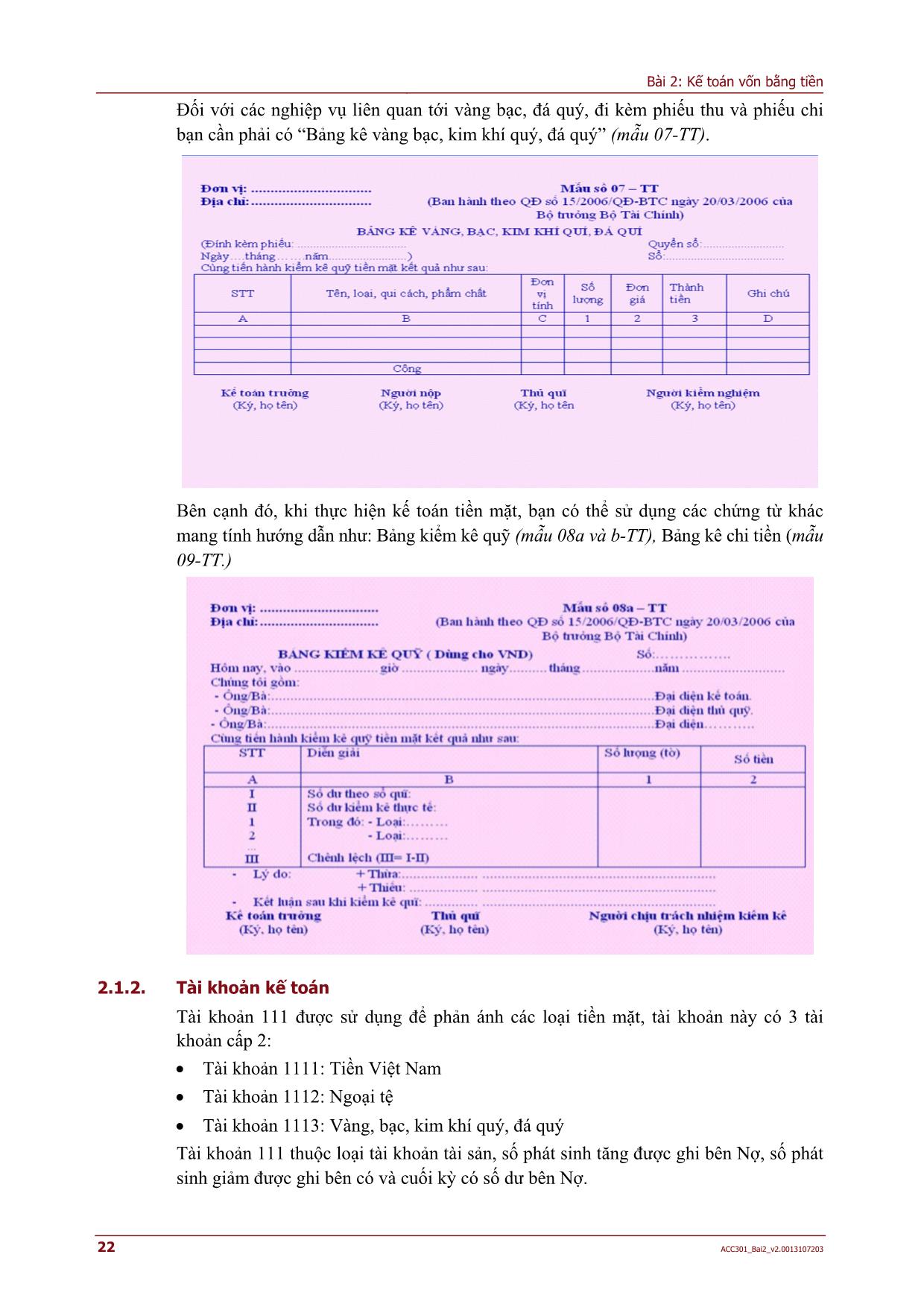 Kế toán, kiểm toán - Bài 2: Kế toán vốn bằng tiền trang 4