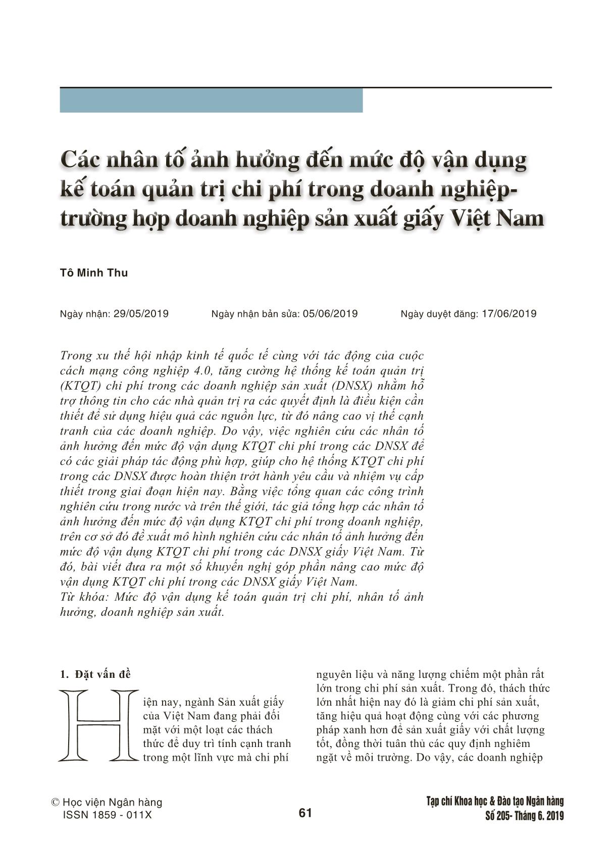 Các nhân tố ảnh hưởng đến mức độ vận dụng kế toán quản trị chi phí trong doanh nghiệp trường hợp doanh nghiệp sản xuất giấy Việt Nam trang 1
