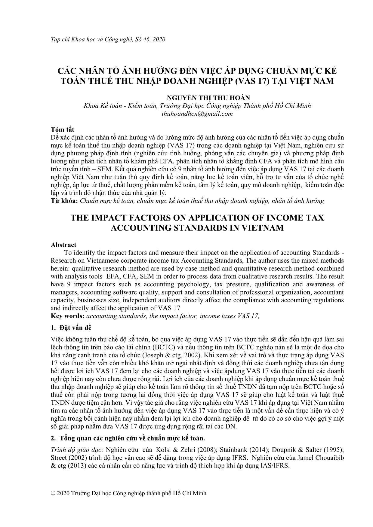 Các nhân tố ảnh hưởng đến việc áp dụng chuẩn mực kế toán thuế thu nhập doanh nghiệp (vas 17) tại Việt Nam trang 1