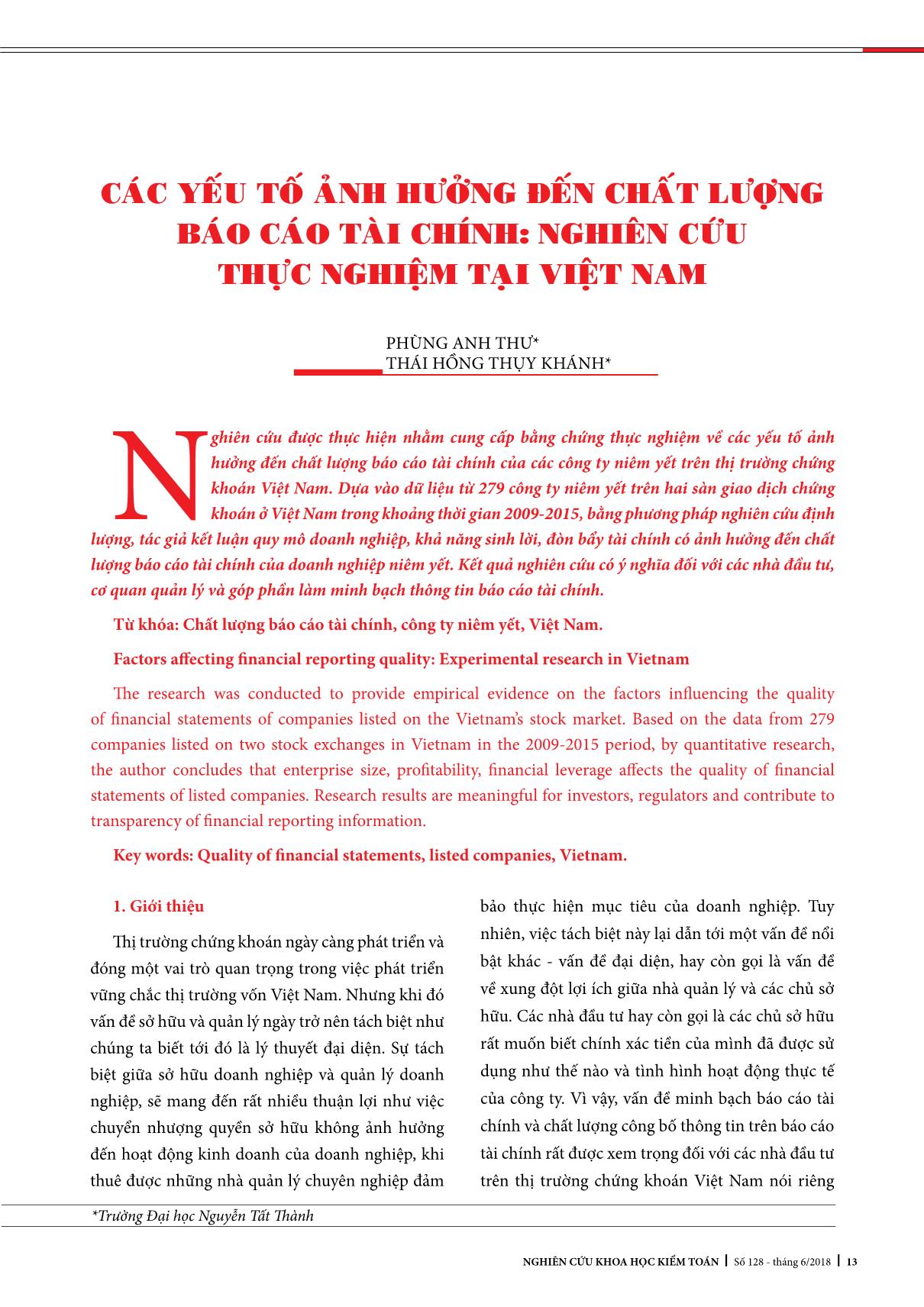 Các yếu tố ảnh hưởng đến chất lượng Báo cáo tài chính: Nghiên cứu thực nghiệm tại Việt Nam trang 1