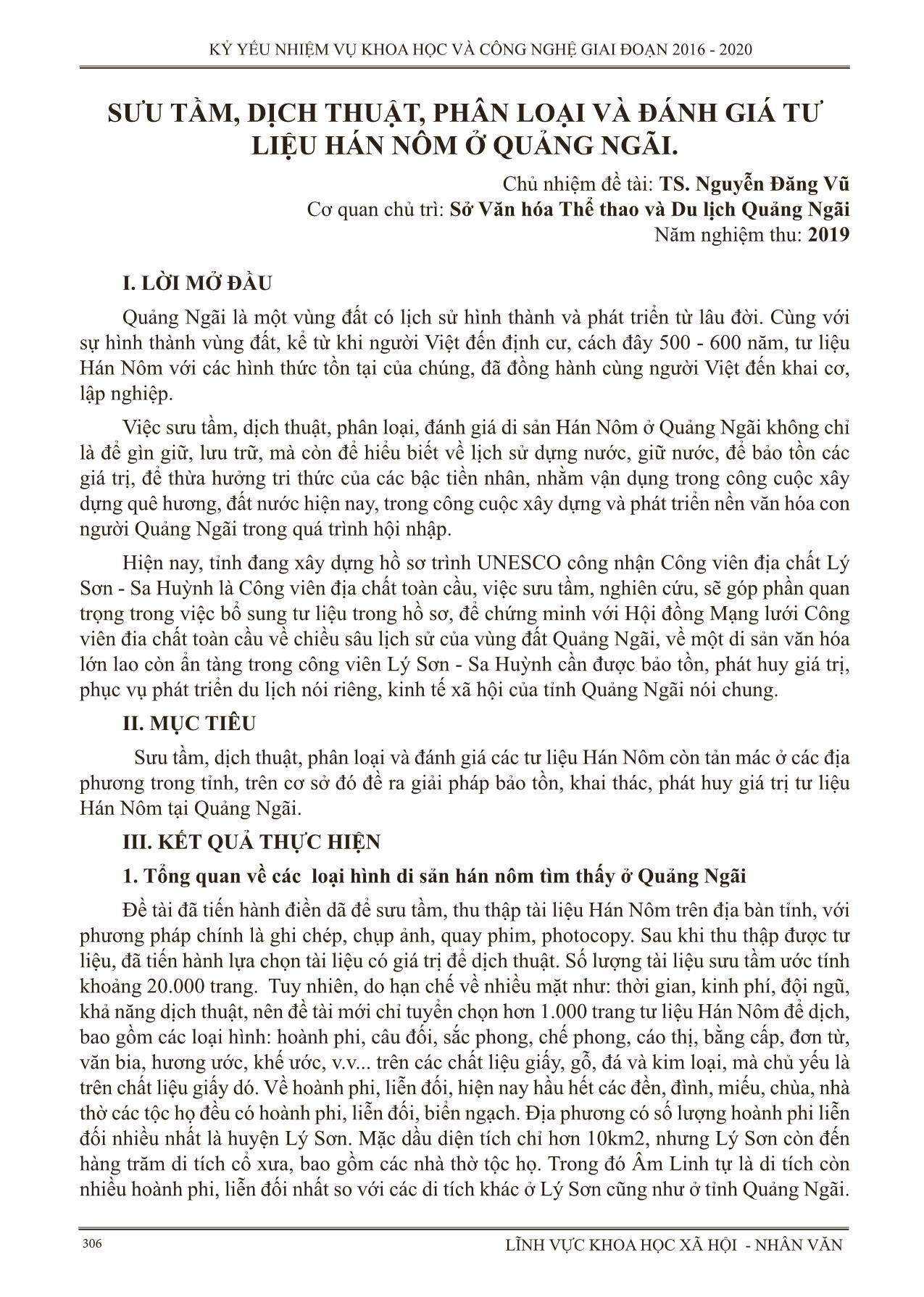 Sưu tầm, dịch thuật, phân loại và đánh giá tư liệu Hán Nôm ở Quảng Ngãi trang 1