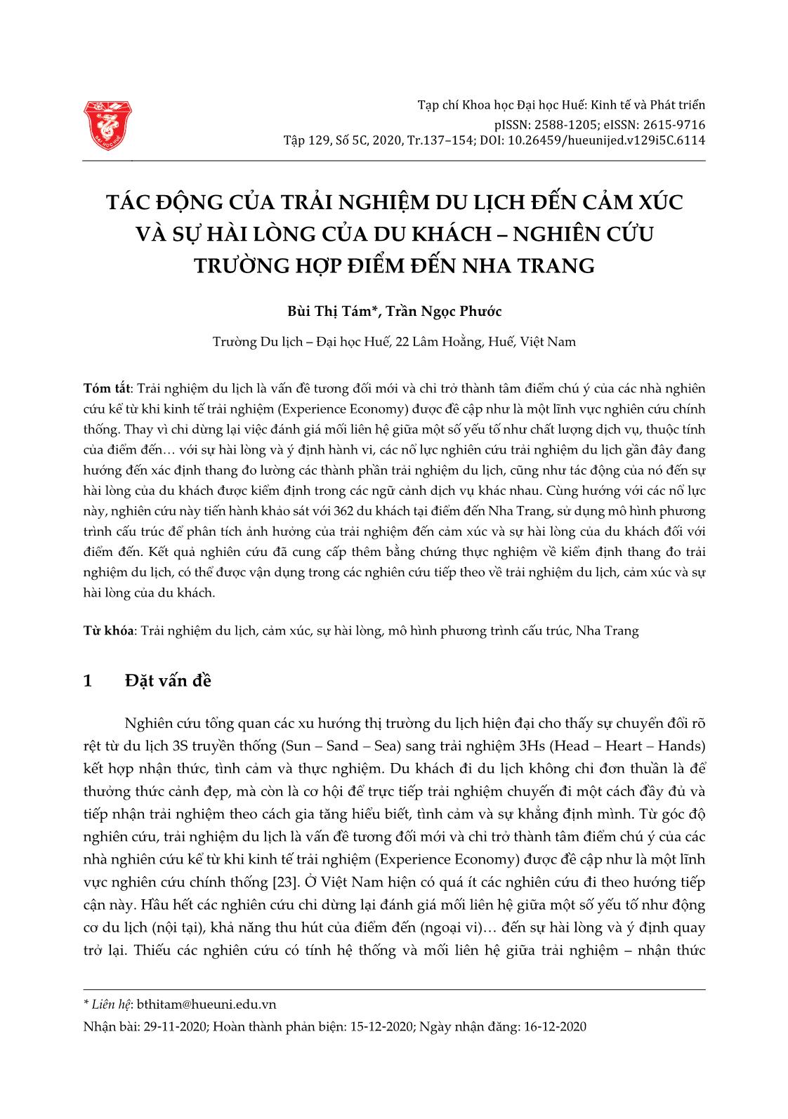 Tác động của trải nghiệm du lịch đến cảm xúc và sự hài lòng của du khách - nghiên cứu trường hợp điểm đến Nha Trang trang 1