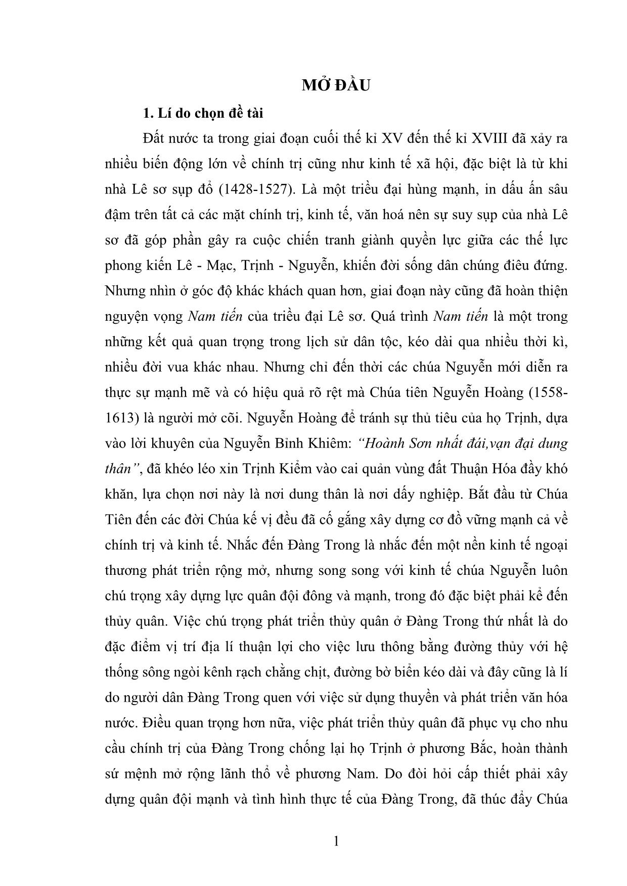 Khóa luận Chính sách phát triển thủy quân của các chúa Nguyễn ở Đàng Trong thế kỉ XVI-XVIII trang 5