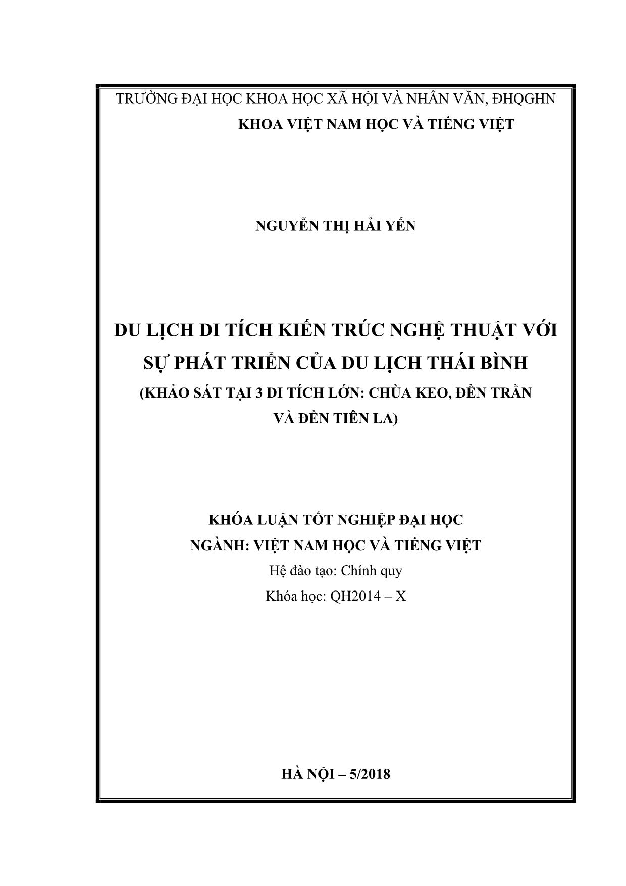 Khóa luận Du lịch di tích kiến trúc nghệ thuật với sự phát triển của du lịch Thái Bình trang 1