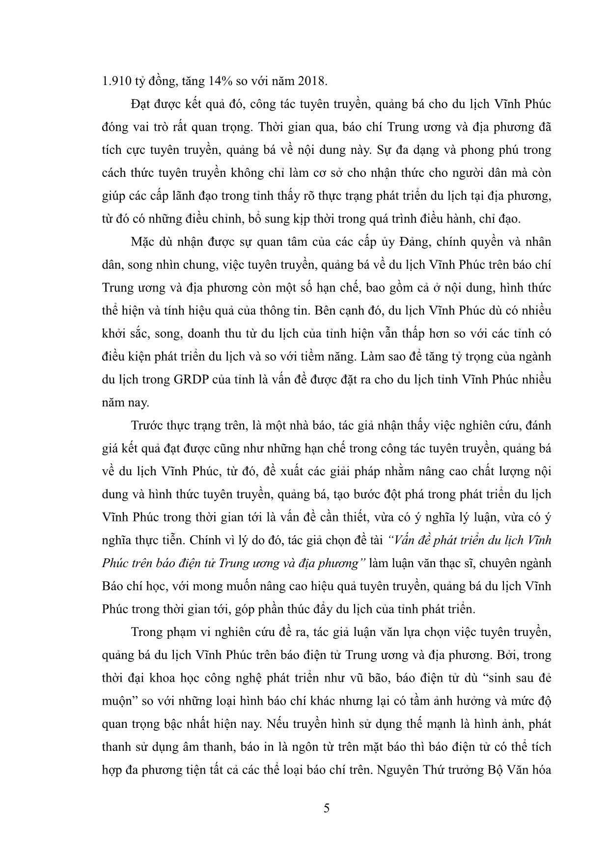 Luận văn Vấn đề phát triển du lịch Vĩnh Phúc trên báo điện tử trung ương và địa phương trang 9