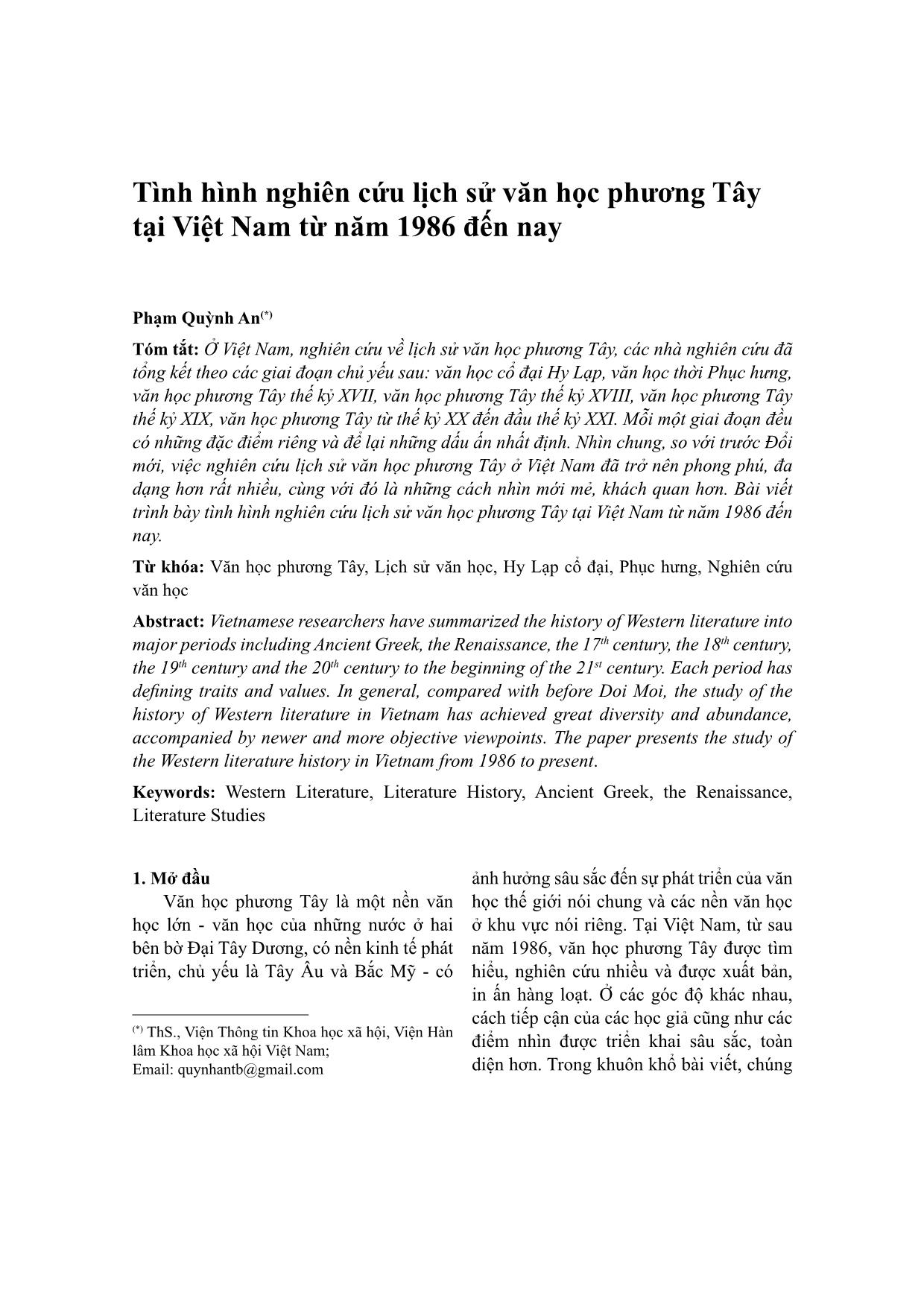 Tình hình nghiên cứu lịch sử văn học phương Tây tại Việt Nam từ năm 1986 đến nay trang 1