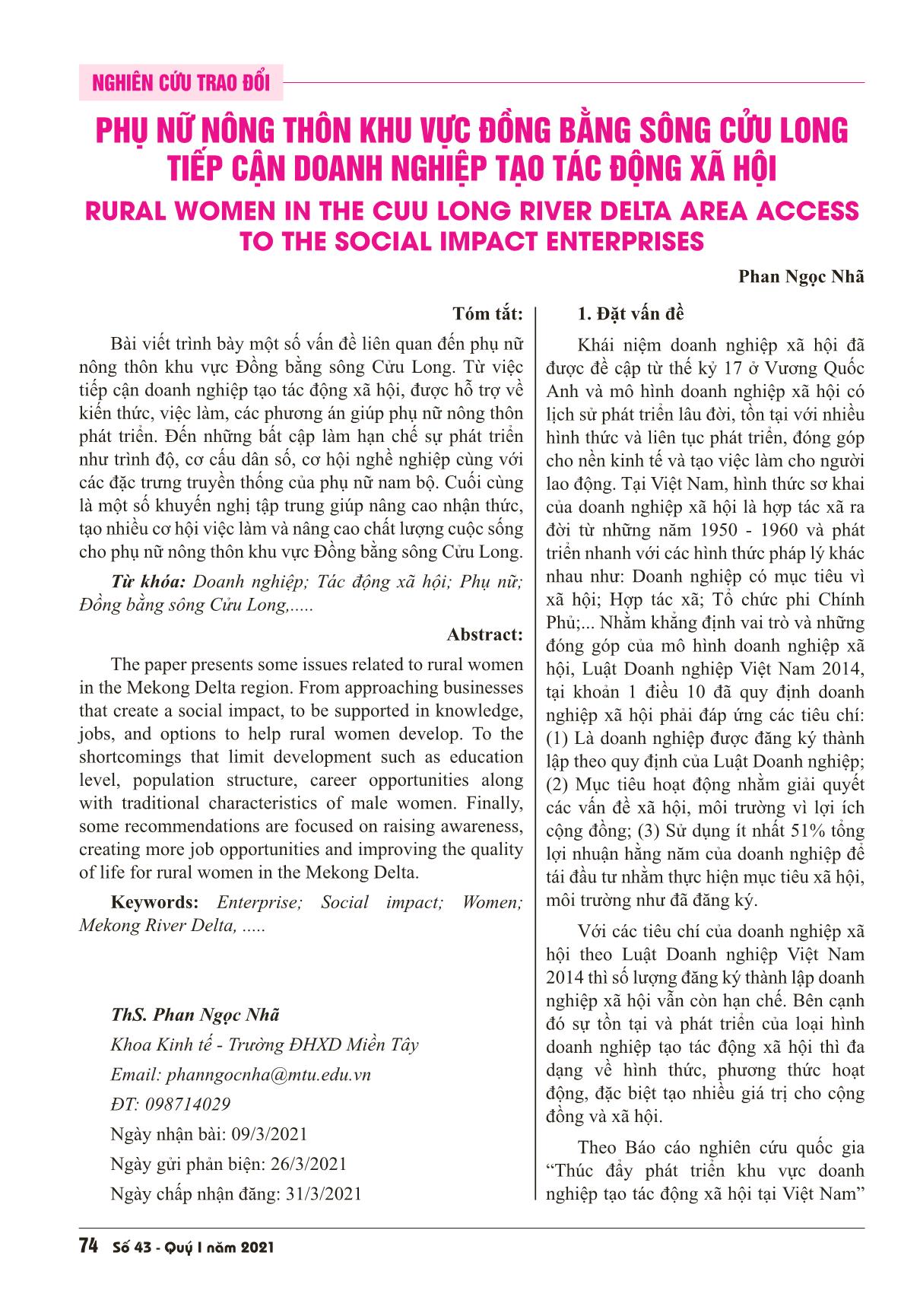 Phụ nữ nông thôn khu vực Đồng bằng sông Cửu Long tiếp cận doanh nghiệp tạo tác động xã hội trang 1
