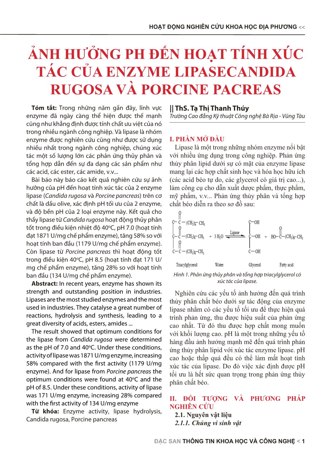 Ảnh hưởng ph đến hoạt tính xúc tác của enzyme lipasecandida rugosa và porcine pacreas trang 1