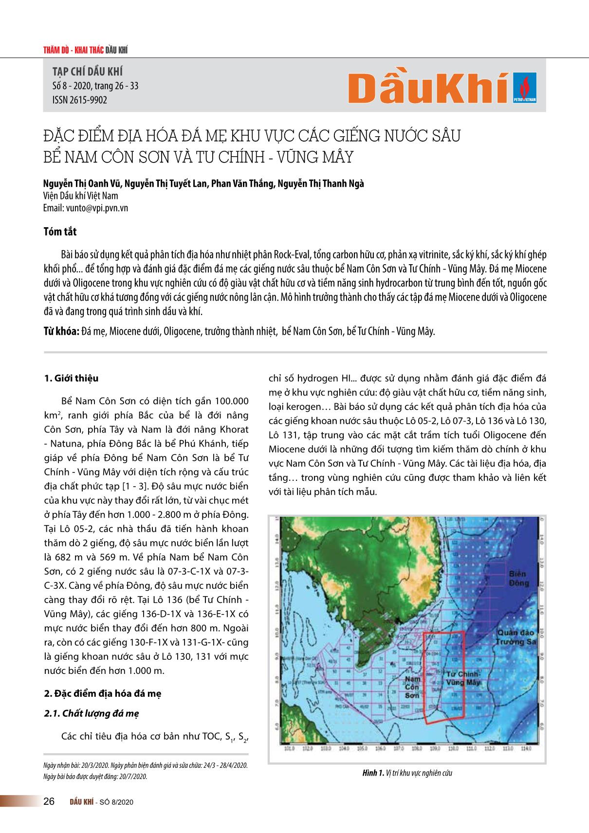 Đặc điểm địa hóa đá mẹ khu vực các giếng nước sâu bể bể Nam Côn Sơn và Tư Chính - Vũng Mây. trang 1