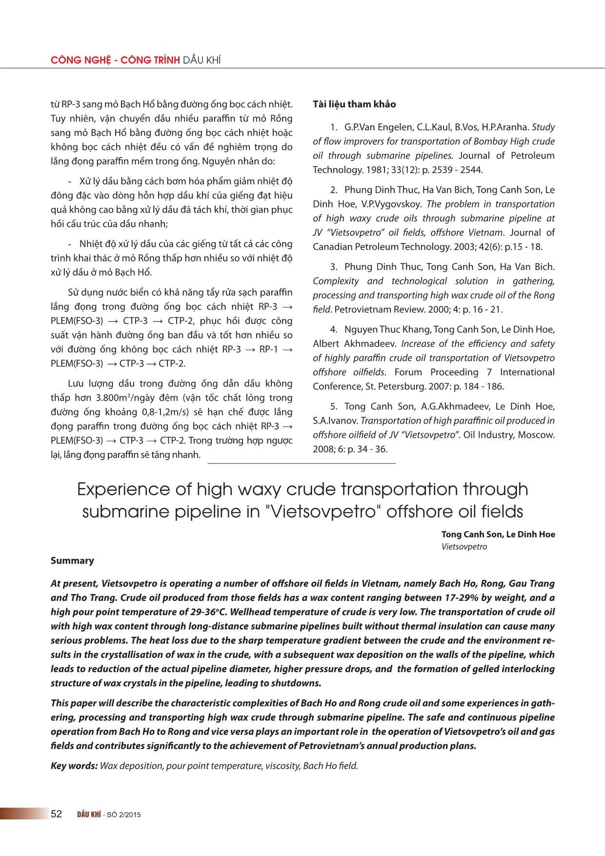 Kinh nghiệm vận chuyển dầu nhiều paraffin bằng đường ống ở các mỏ dầu khí ngoài khơi của liên doanh Việt-Nga “Vietsovpetro” trang 10
