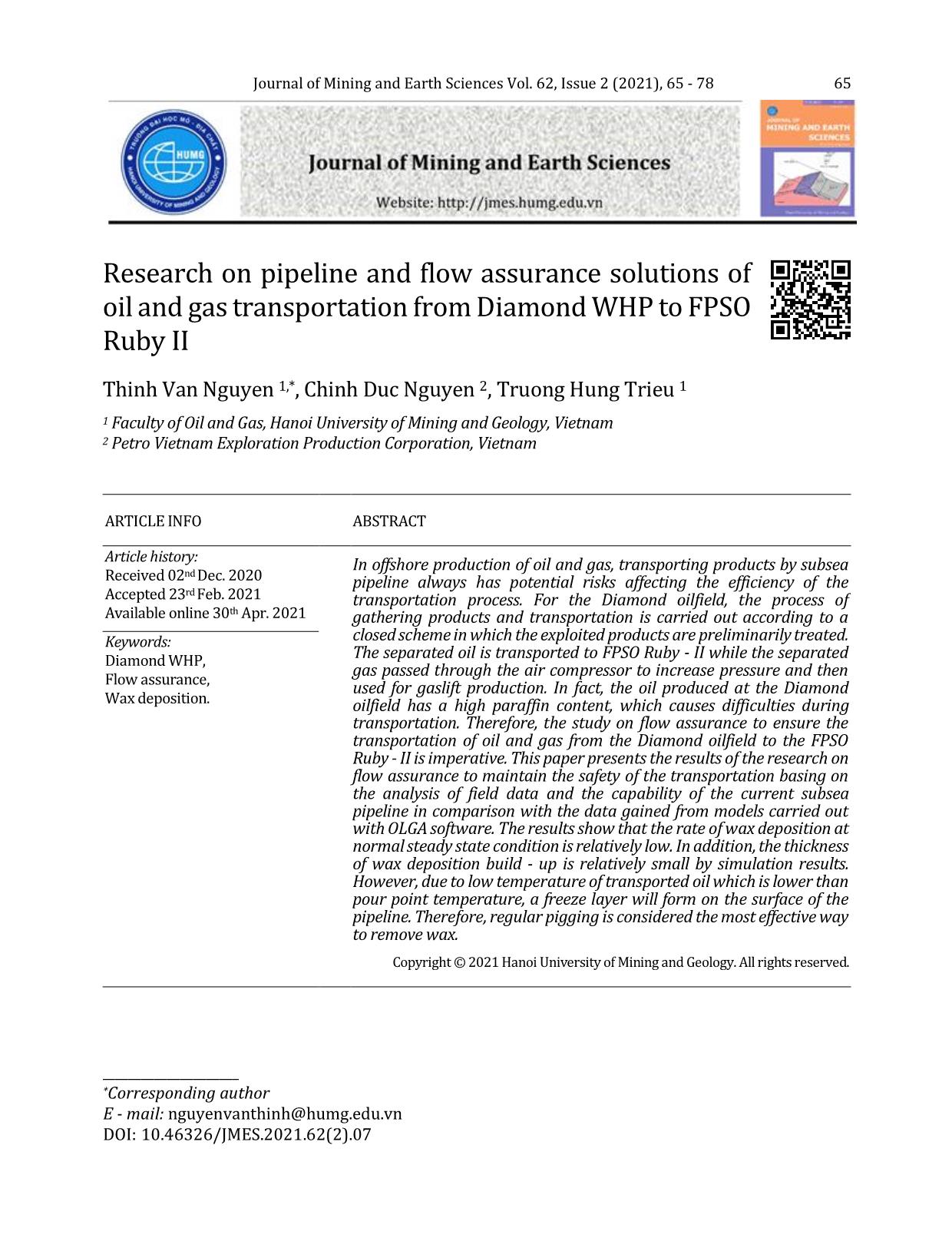 Nghiên cứu giải pháp đảm bảo dòng chảy cho tuyến ống vận chuyển hỗn hợp dầu khí từ giàn Diamond về tàu FPSO Ruby - II trang 1