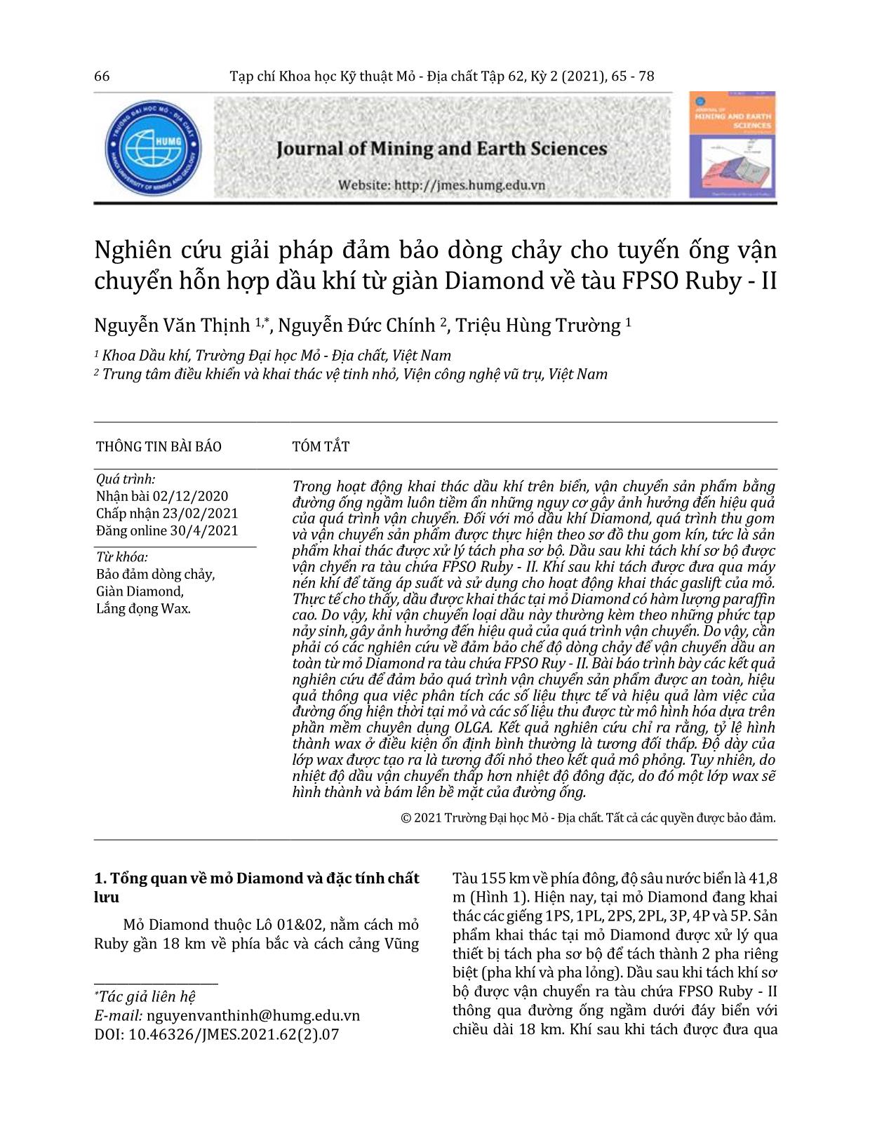 Nghiên cứu giải pháp đảm bảo dòng chảy cho tuyến ống vận chuyển hỗn hợp dầu khí từ giàn Diamond về tàu FPSO Ruby - II trang 2